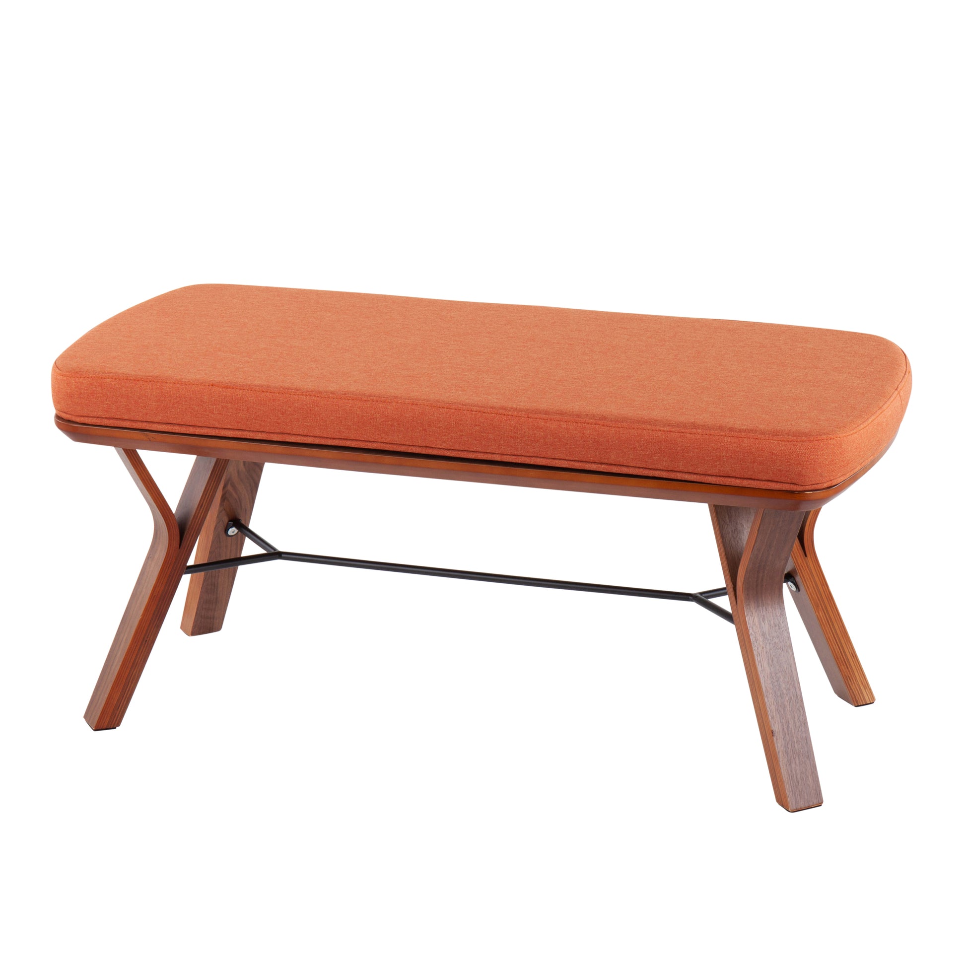 Folia Mid Century Modern Bench in Walnut Wood and orange-foam-fabric