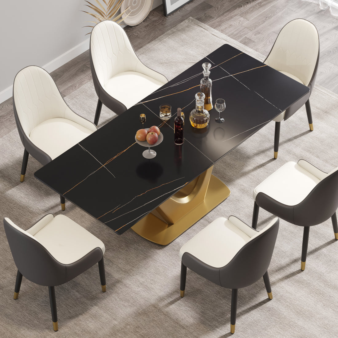 78.74 "Modern Artificial Stone Black Panel Golden V Shaped Metal Legs Can Accommodate 8 People. Black Gold Dining Room Metal Sintered Stone