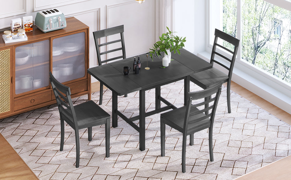 5 Piece Wood Square Drop Leaf Breakfast Nook Extendable Dining Table Set With 4 Ladder Back Chairs For Small Places, Gray Gray Wood Dining Room Folding Rubberwood Rectangular Dining Table With Chair Wood Gray Ladder Back Seats 4 Drop Leaf Modern 4 Leg