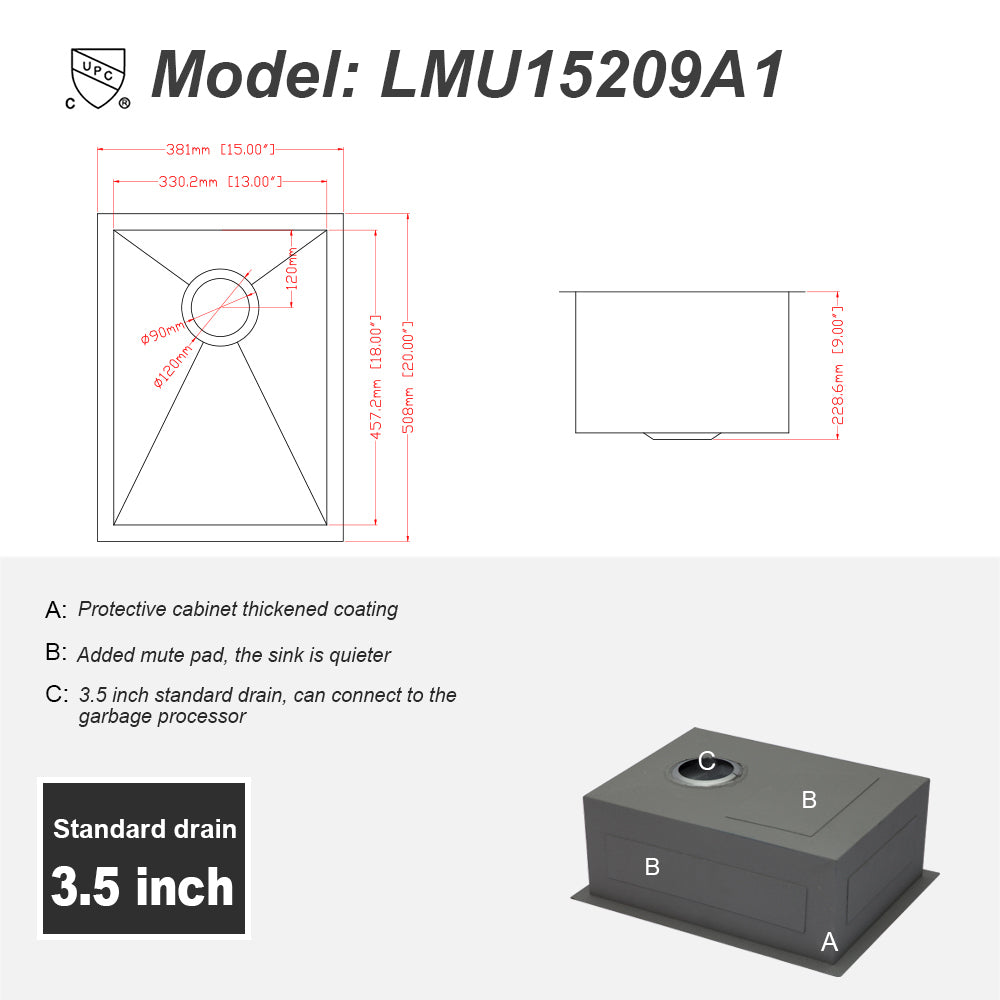 15 Inch Undermount Sink 15"X20"X9" Undermount Stainless Steel Kitchen Sink 18 Gauge 9 Inch Deep Single Bowl Kitchen Sink Basin Brushed Nickel Stainless Steel