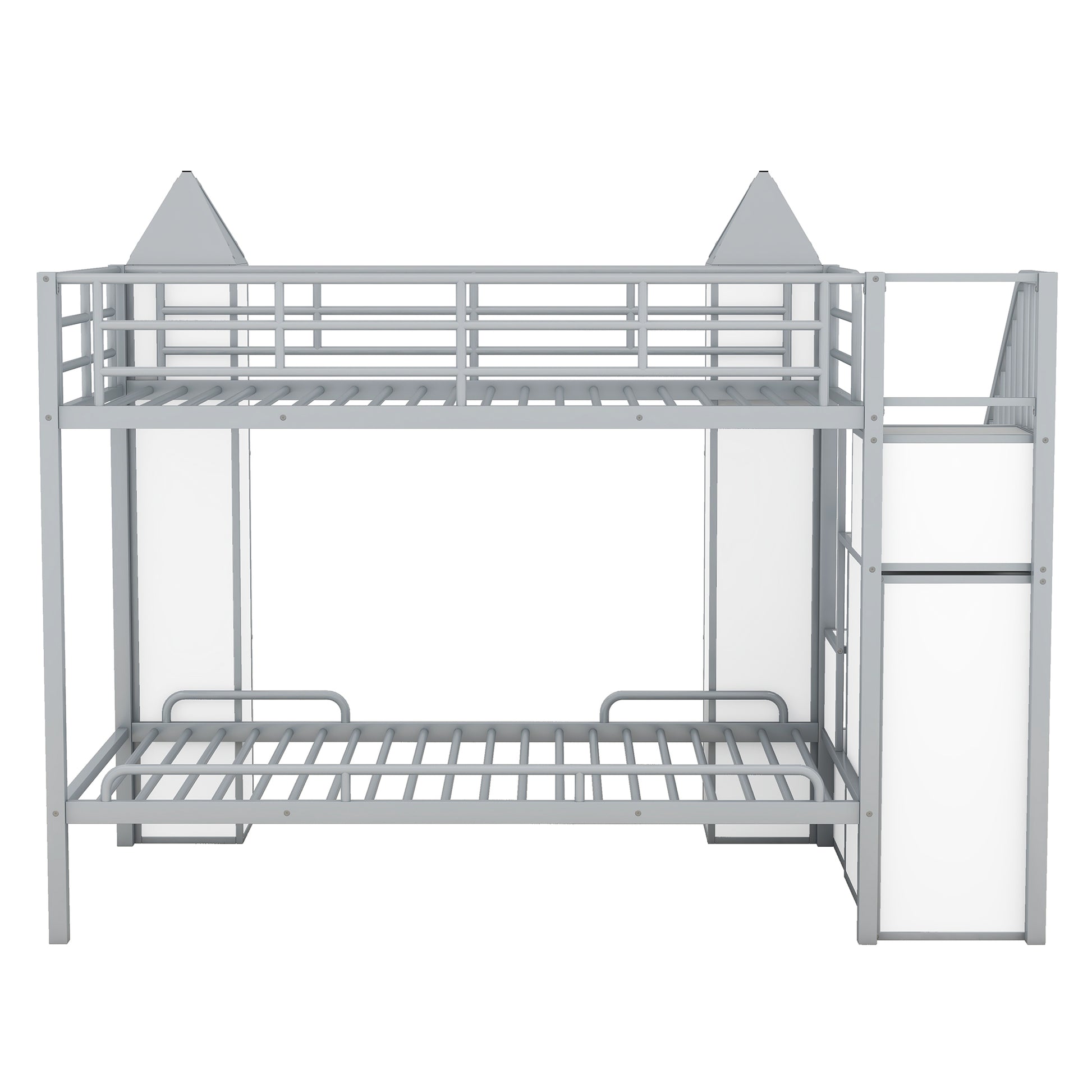 Metal Twin Over Twin Castle Shaped Bunk Bed With Wardrobe And Multiple Storage, Gray White Box Spring Not Required Twin White Gray Metal Bedroom Bunk Metal & Wood