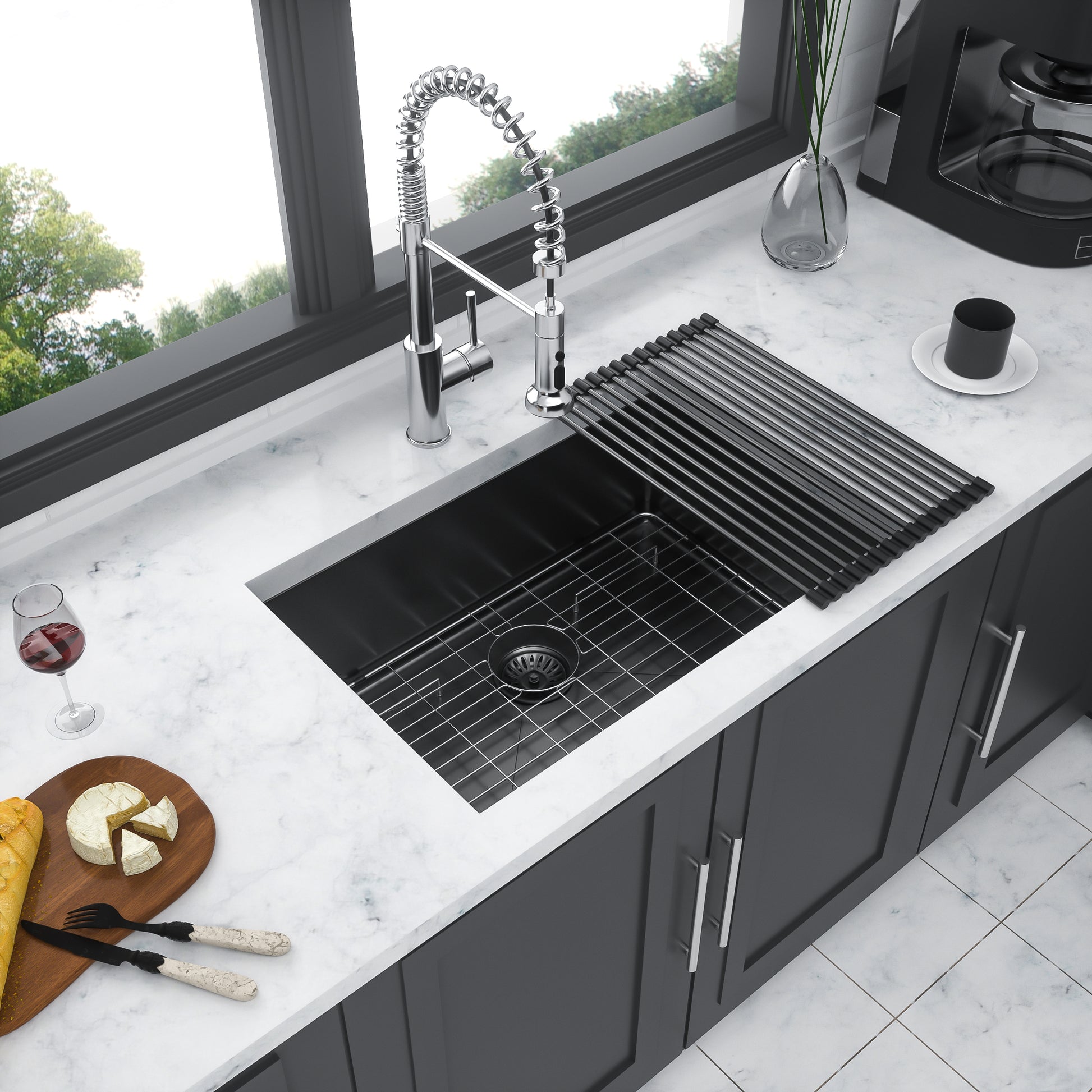 23" Gunmetal Black Kitchen Sink 23"X 18"X 10" Undermount Singel Bowl Kitchen Basin 16 Gauge Stainless Steel With 10 Inch Deep Gunmetal Black Stainless Steel