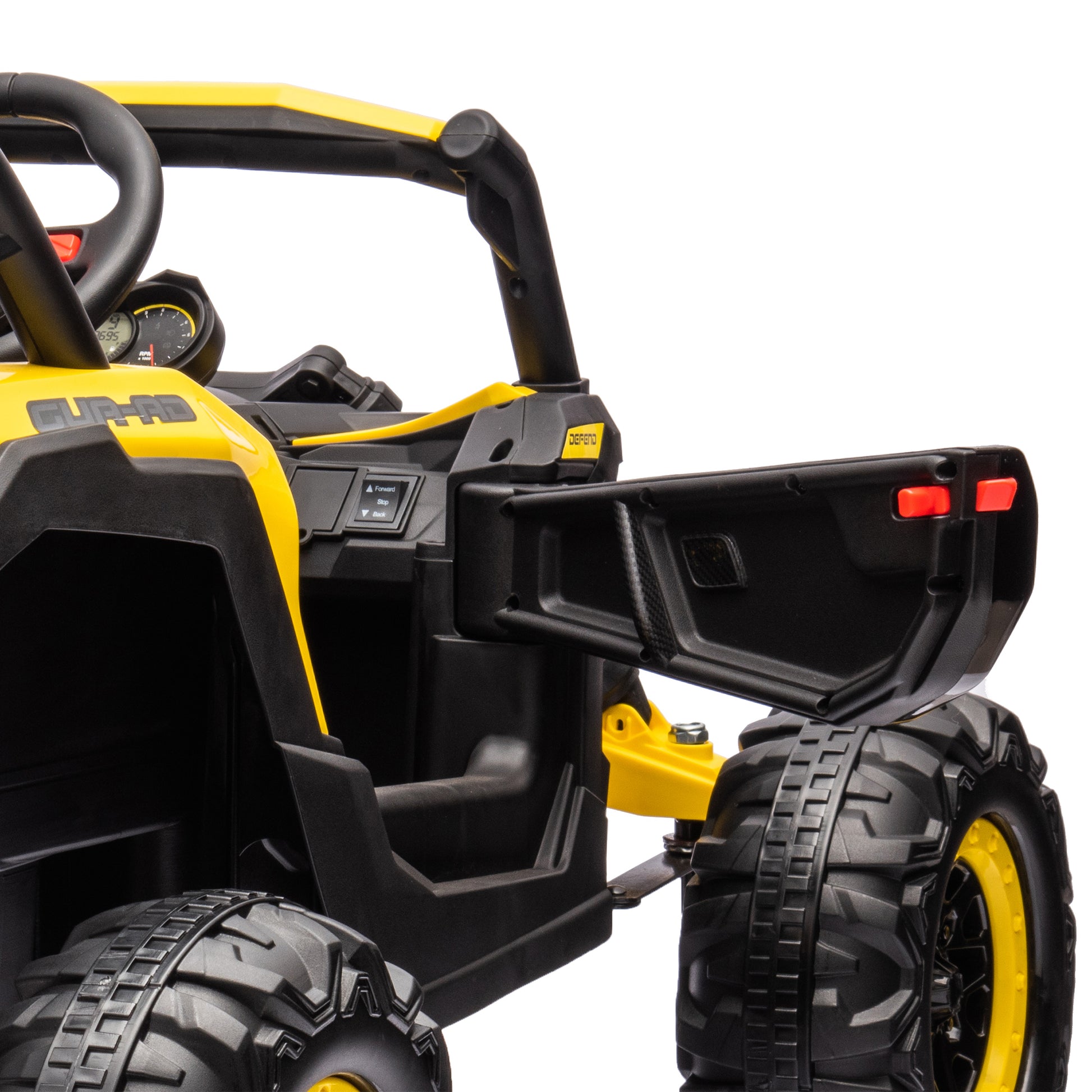 12V Ride On Car With Remote Control,Utv Ride On For Kid,3 Point Safety Harness, Music Player Usb Port Volume Knob Battery Indicator , Led Lights, High Low Speed Switch Off Road Adventure For Kids Yellow Polypropylene