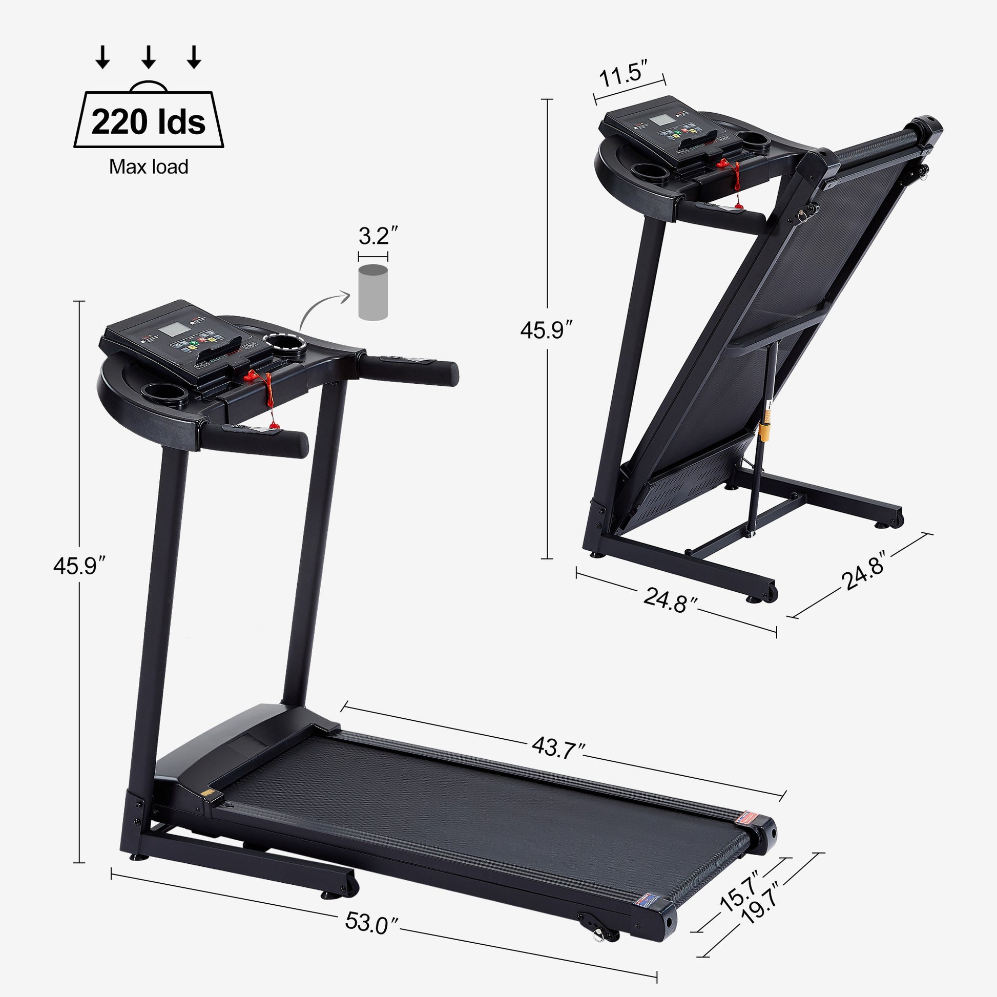 Treadmills 2.5 Hp Hydraulic Folding Removable Treadmill With 3 Speed Incline Adjustment, 12 Preset Programs, 3 Countdown Modes, Heart Rate, Bluetooth And More, Suitable For Home And Gym Use Black Steel