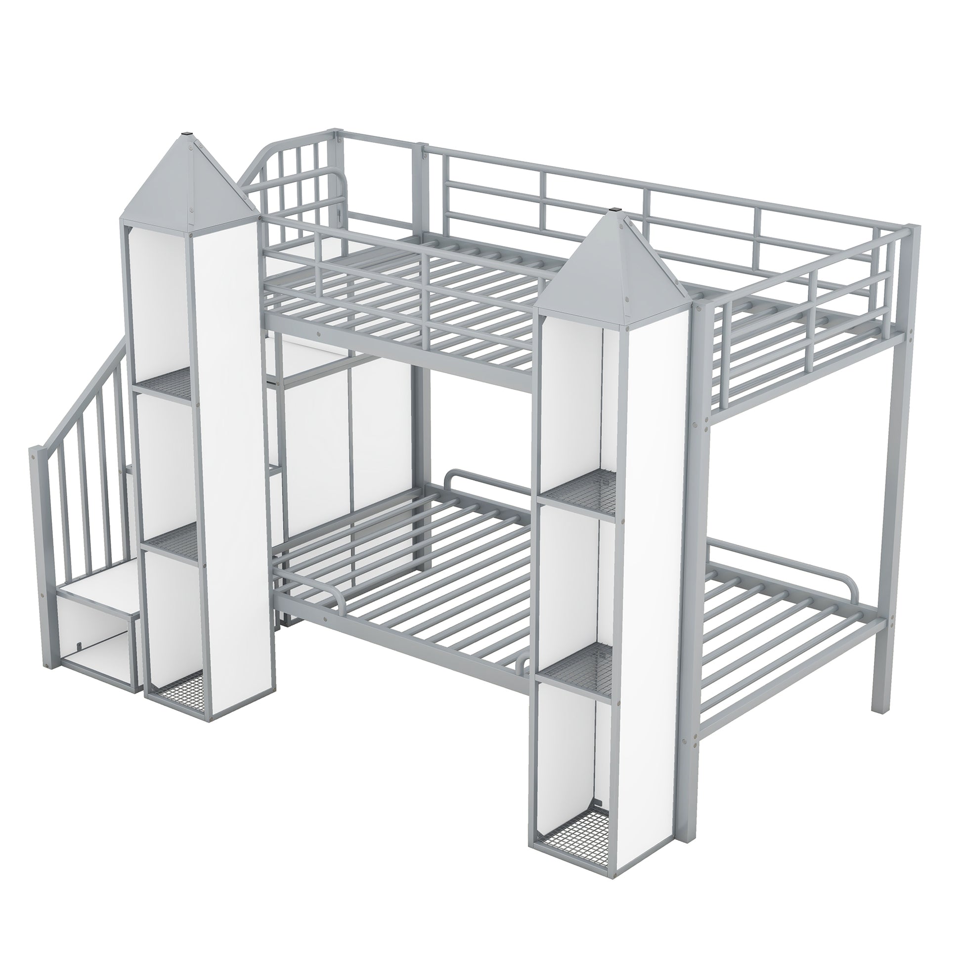 Metal Twin Over Twin Castle Shaped Bunk Bed With Wardrobe And Multiple Storage, Gray White Box Spring Not Required Twin White Gray Metal Bedroom Bunk Metal & Wood