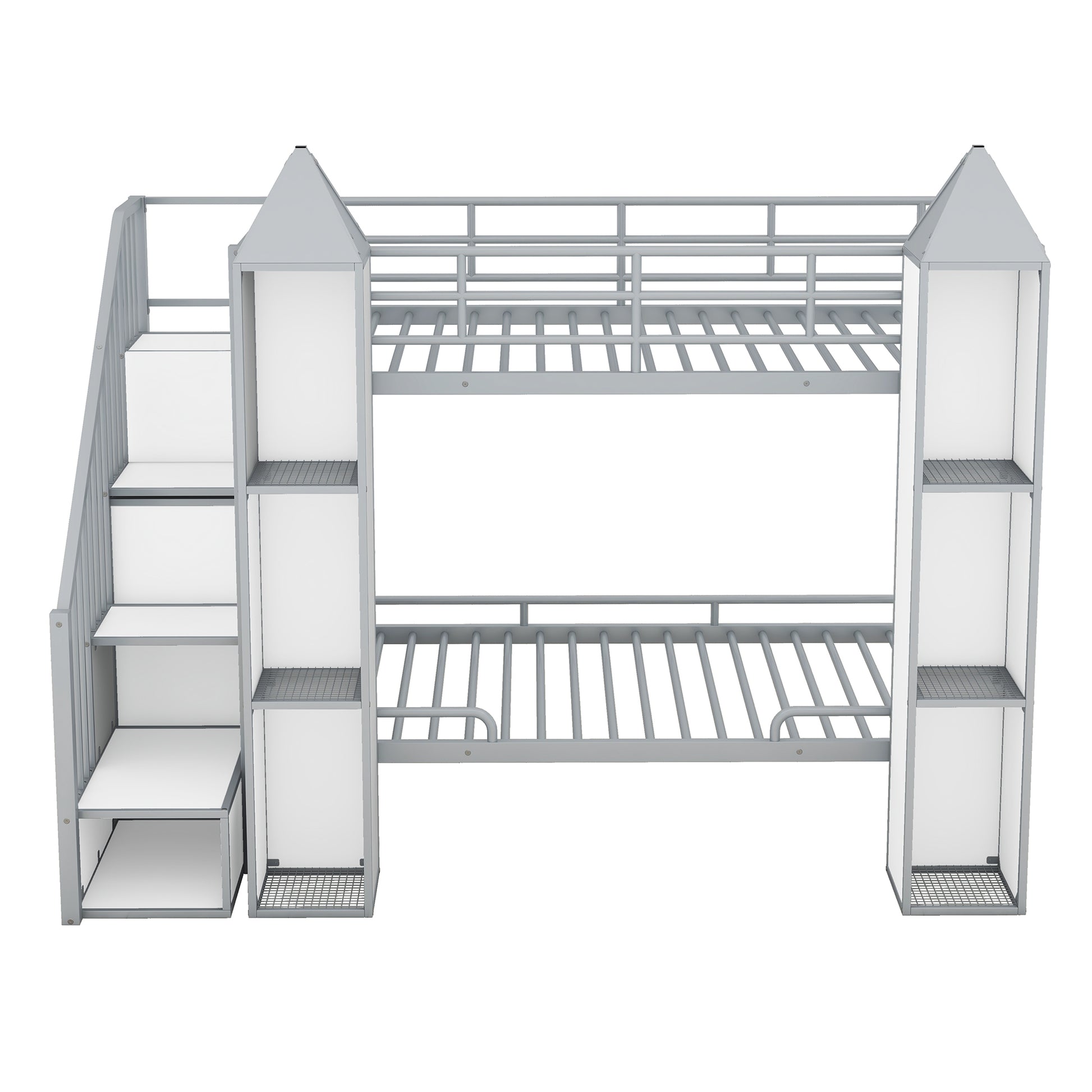 Metal Twin Over Twin Castle Shaped Bunk Bed With Wardrobe And Multiple Storage, Gray White Box Spring Not Required Twin White Gray Metal Bedroom Bunk Metal & Wood