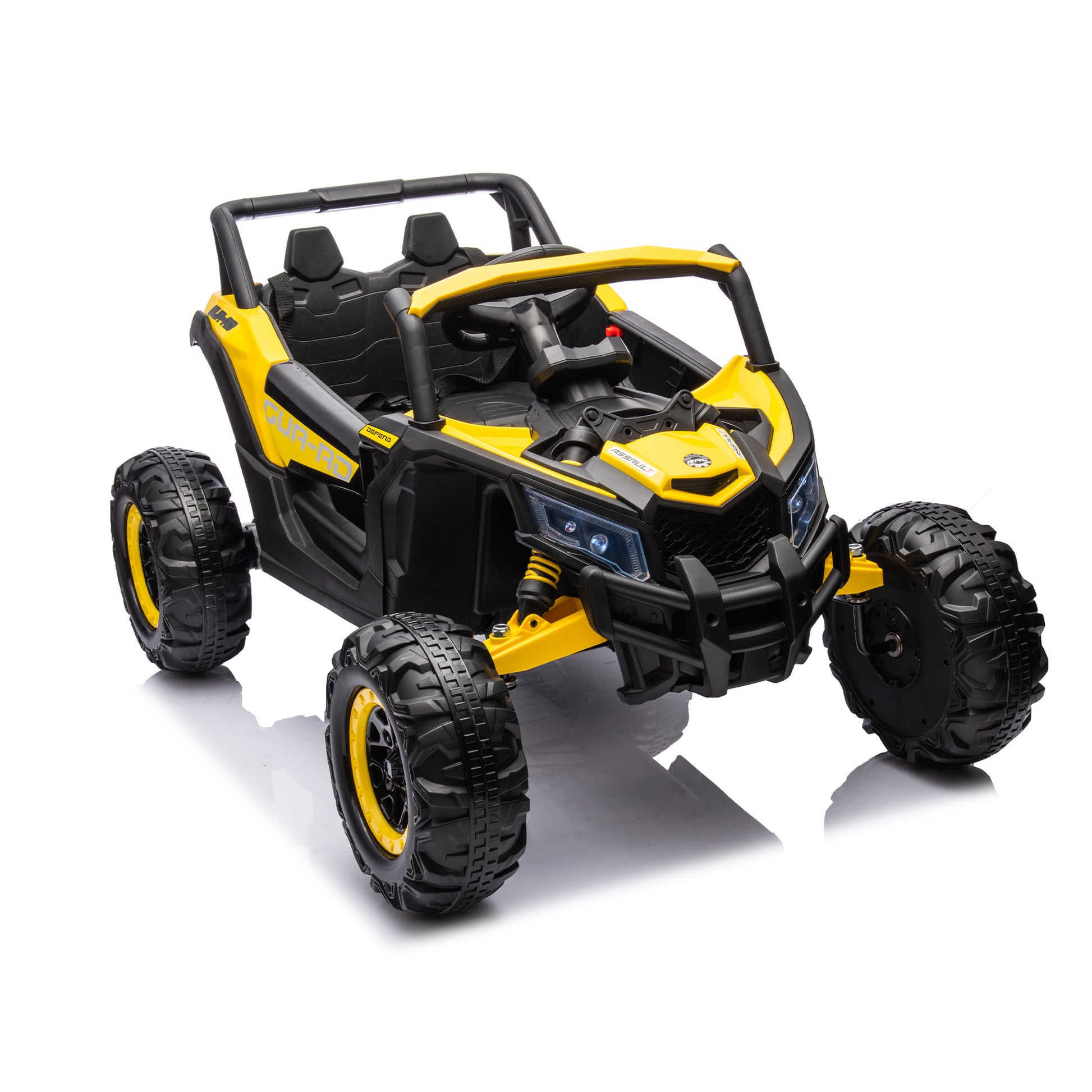 12V Ride On Car With Remote Control,Utv Ride On For Kid,3 Point Safety Harness, Music Player Usb Port Volume Knob Battery Indicator , Led Lights, High Low Speed Switch Off Road Adventure For Kids Yellow Polypropylene