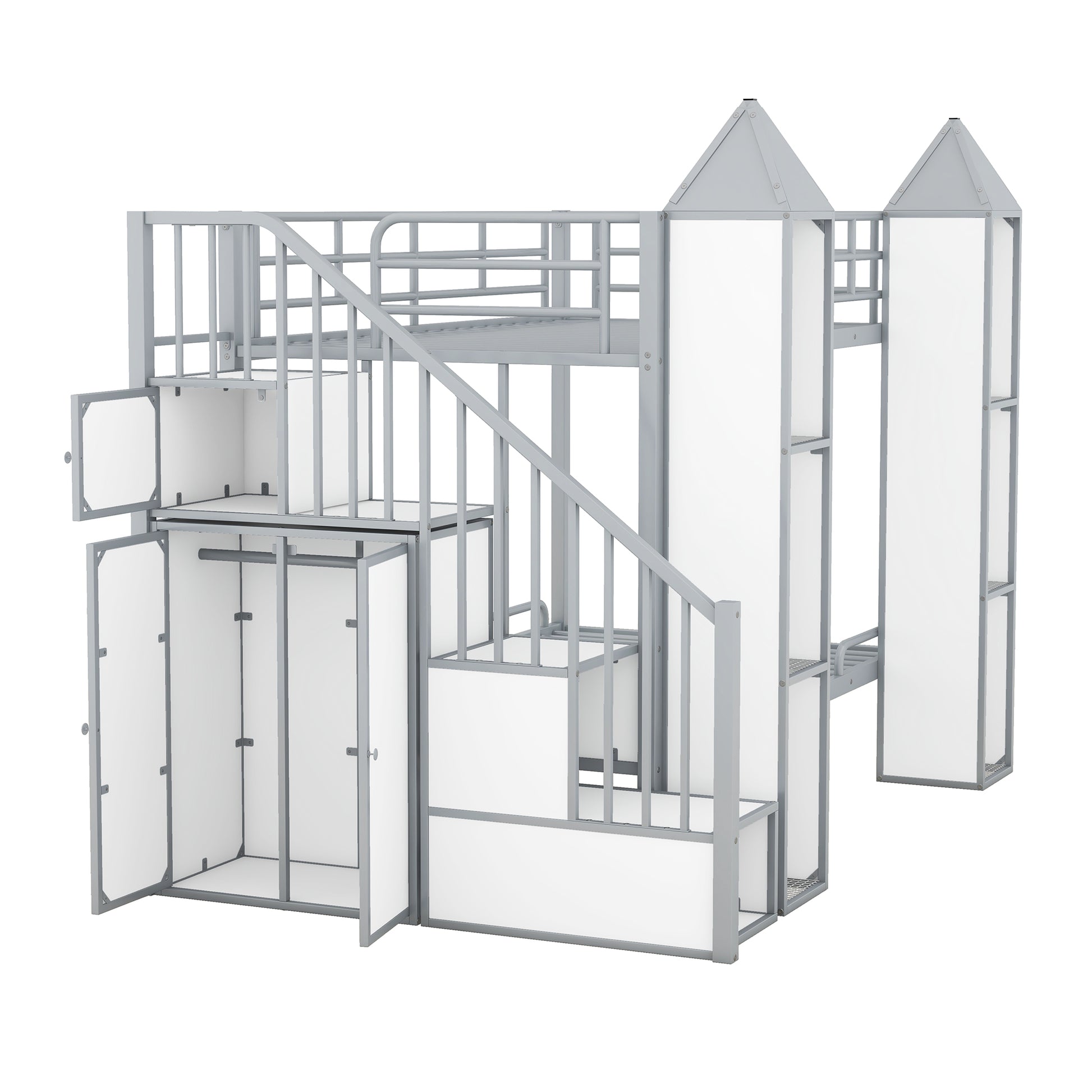 Metal Twin Over Twin Castle Shaped Bunk Bed With Wardrobe And Multiple Storage, Gray White Box Spring Not Required Twin White Gray Metal Bedroom Bunk Metal & Wood