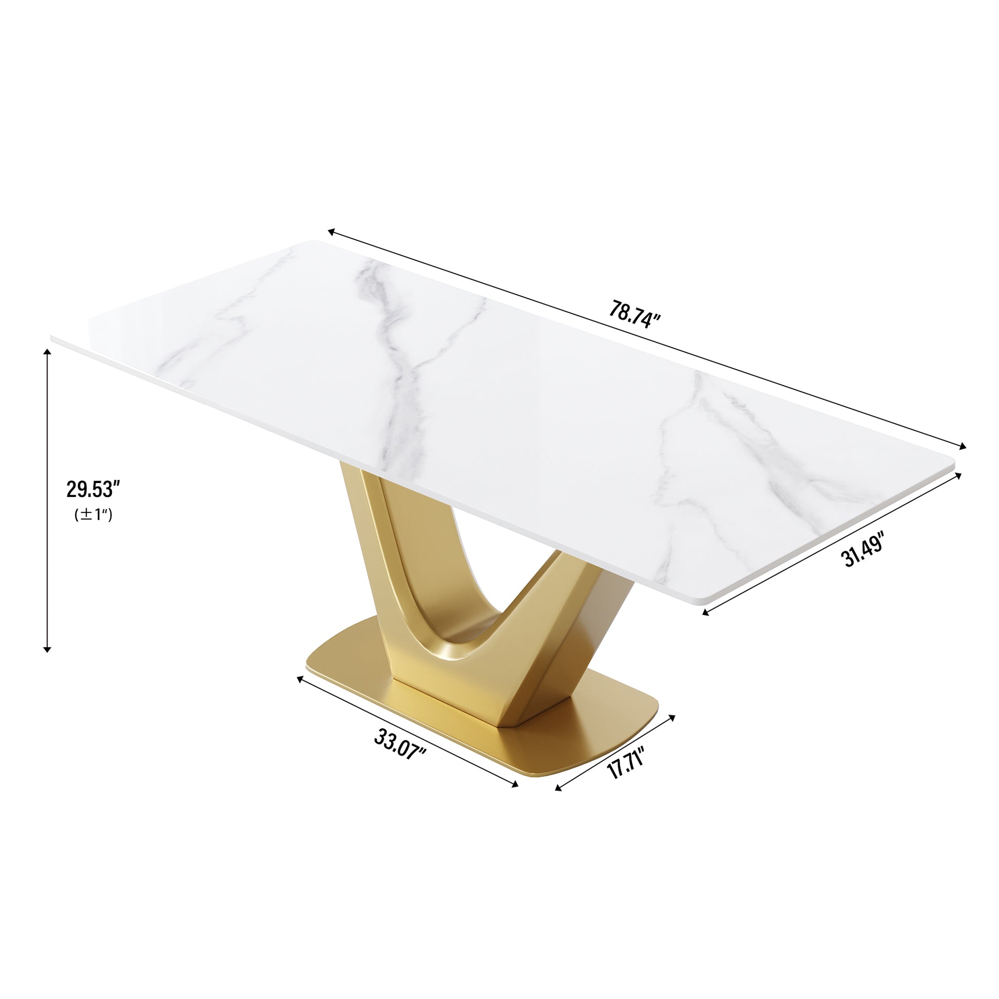 78.74 "Modern Artificial Stone White Panel Golden V Shaped Metal Legs Can Accommodate 8 People. White Gold Dining Room Metal Sintered Stone