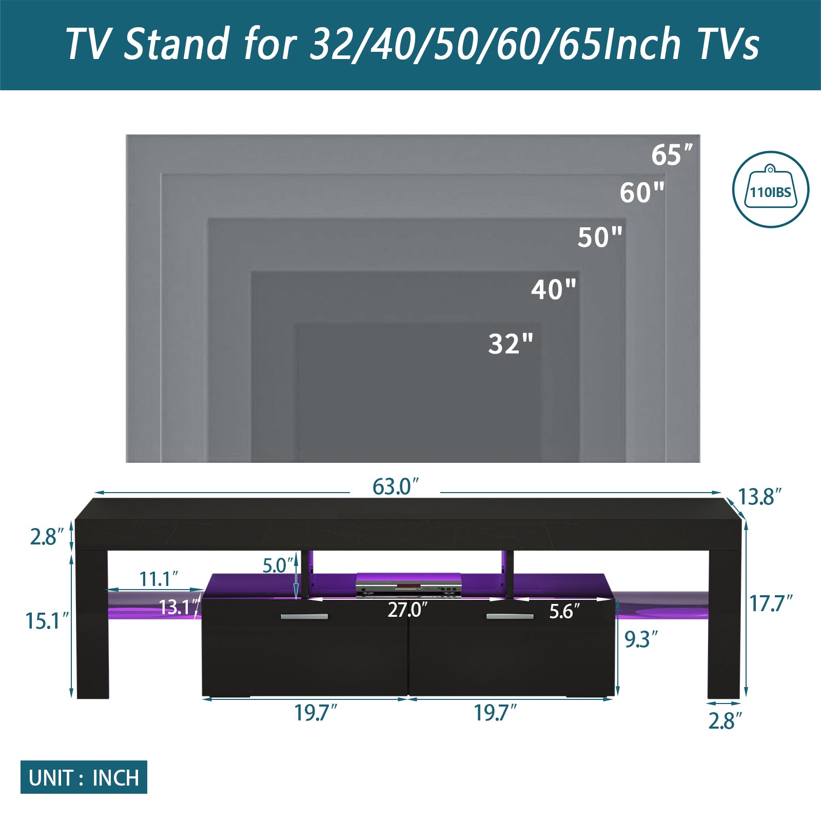 Fashiontvstandtvcabinet,Entertainmentcenter,Tvstationtv Console,Media Console,With Ledlight Belt,Light Belt Remote Control,Toughenedglassshelf,Metal Handle,Canbeplaced In The Living Room,Bedroom,Black Black Primary Living Space 60 69 Inches 60 69 Inches