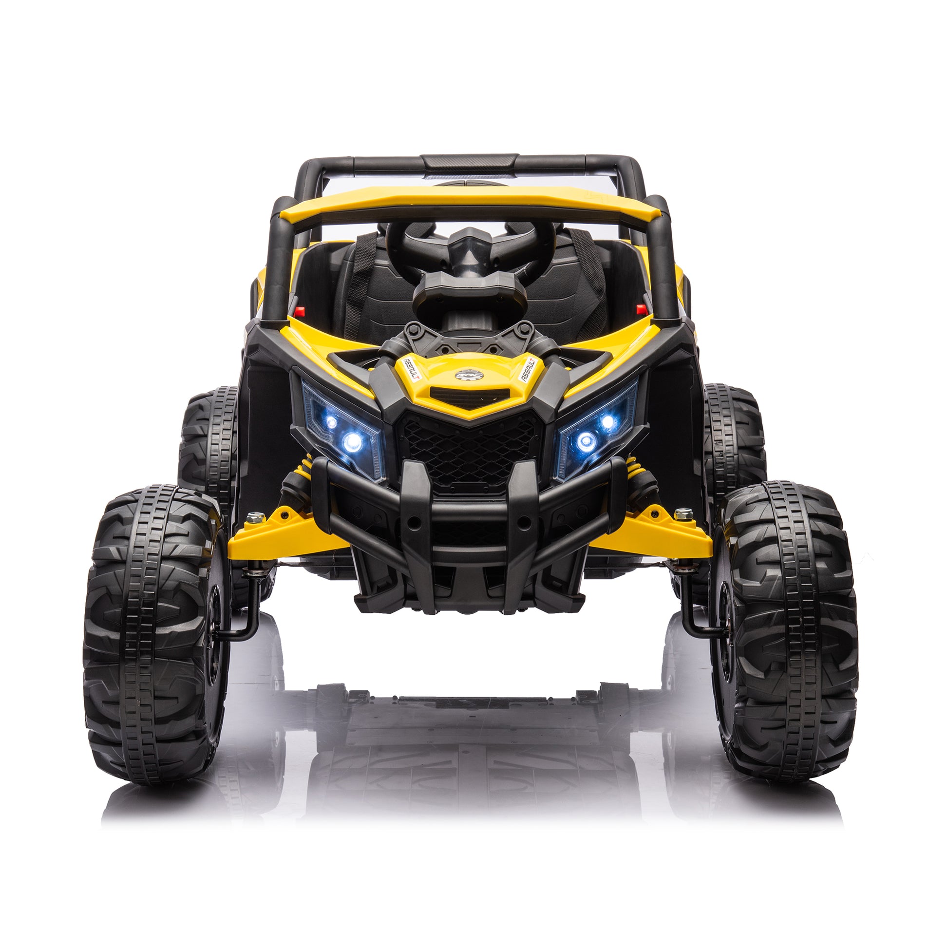 12V Ride On Car With Remote Control,Utv Ride On For Kid,3 Point Safety Harness, Music Player Usb Port Volume Knob Battery Indicator , Led Lights, High Low Speed Switch Off Road Adventure For Kids Yellow Polypropylene