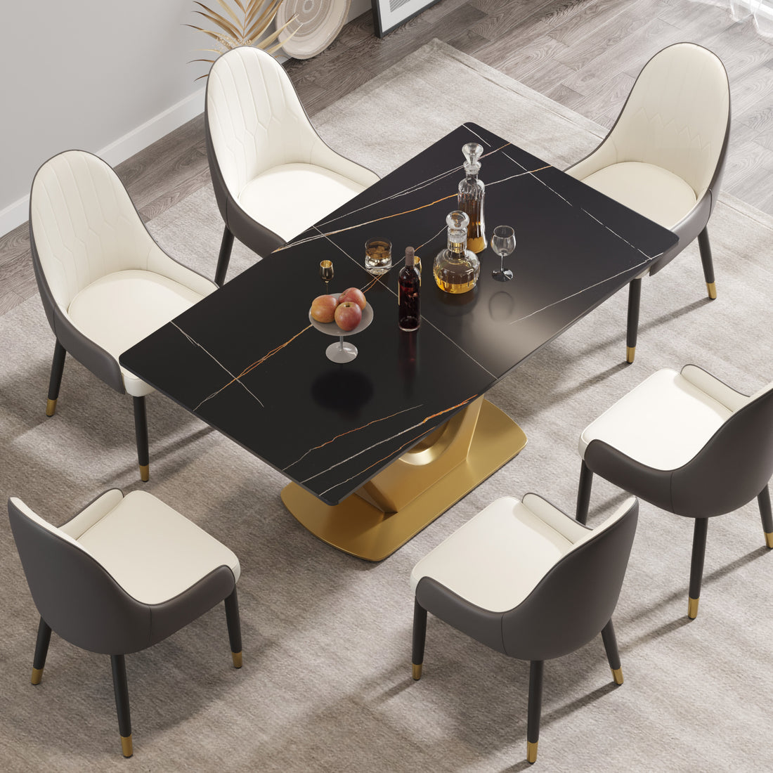 63 "Modern Artificial Stone Black Panel Golden V Shaped Metal Legs Can Accommodate 6 8 People. Black Gold Dining Room Metal Sintered Stone