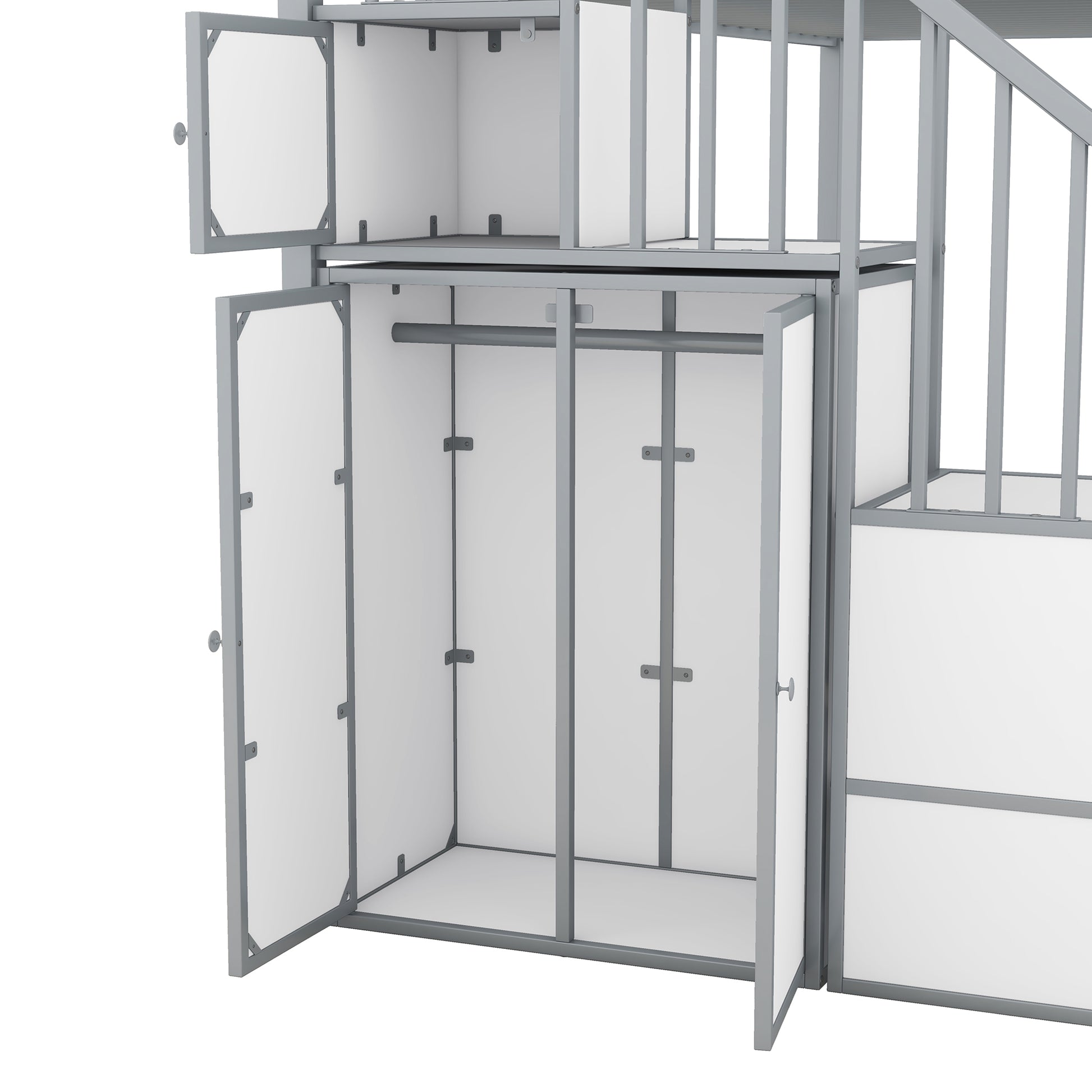 Metal Twin Over Twin Castle Shaped Bunk Bed With Wardrobe And Multiple Storage, Gray White Box Spring Not Required Twin White Gray Metal Bedroom Bunk Metal & Wood