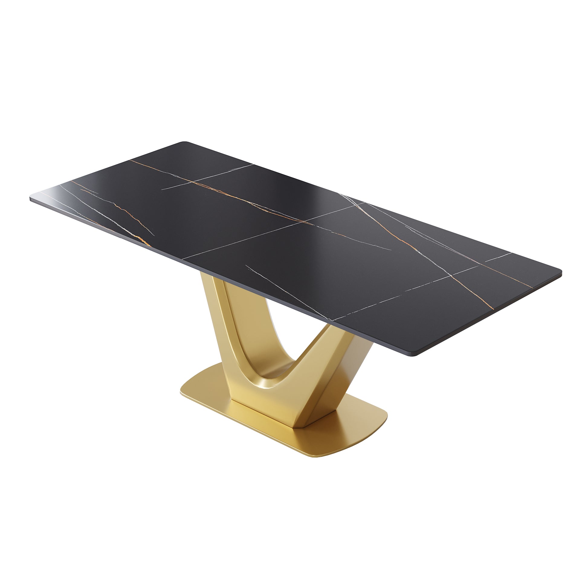 78.74 "Modern Artificial Stone Black Panel Golden V Shaped Metal Legs Can Accommodate 8 People. Black Gold Dining Room Metal Sintered Stone