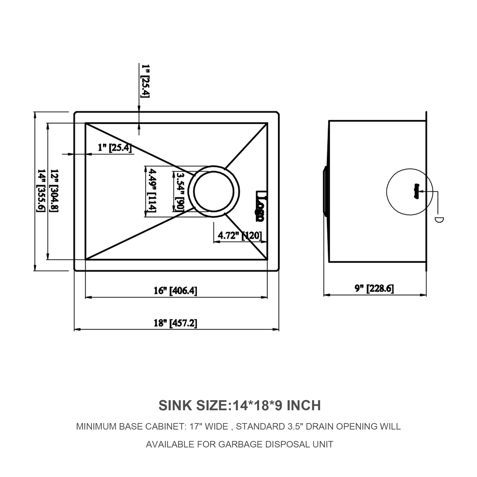 14 Inch Undermount Sink 14"X18"X9" Undermount Stainless Steel Kitchen Sink 18 Gauge 9 Inch Deep Single Bowl Kitchen Sink Basin Brushed Nickel Stainless Steel