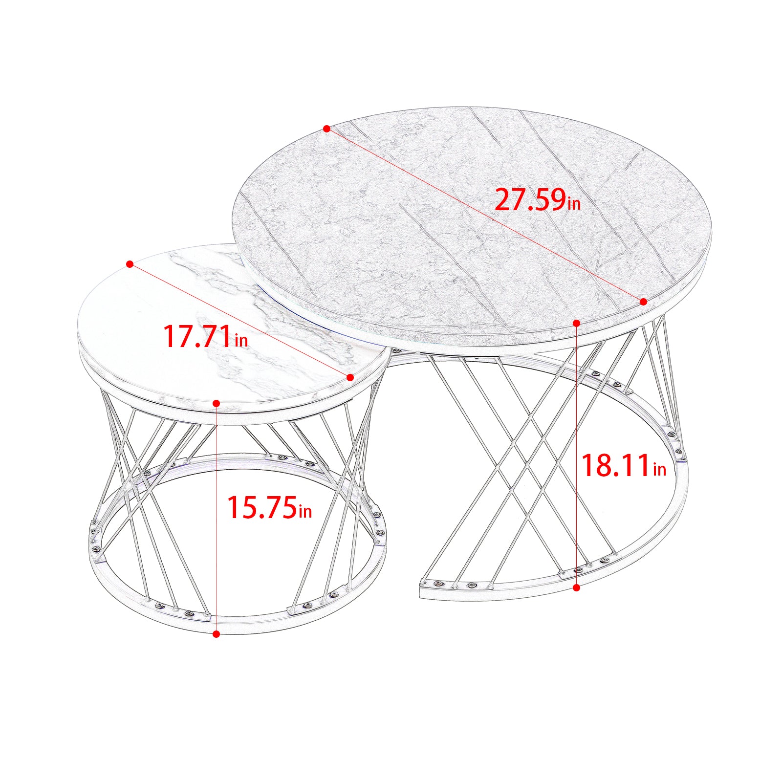 Modern Minimalist Nesting Coffee Table For Living Room Wooden Top And Metal Legs White Gray Metal & Wood