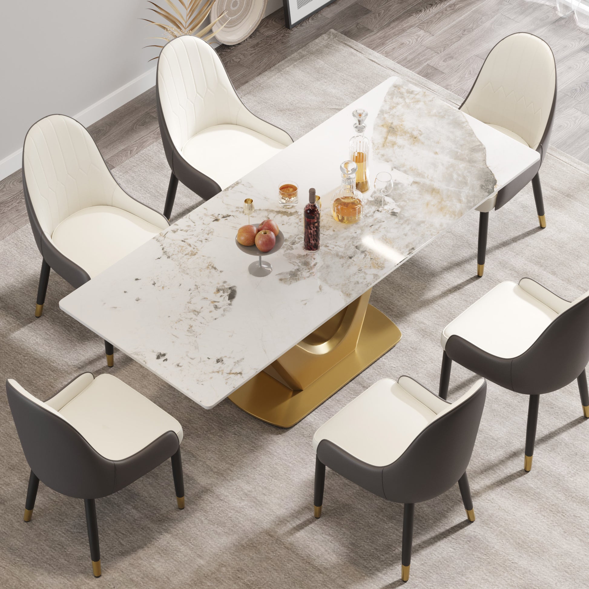 78.74 "Modern Artificial Stone Pandora White Panel Golden V Shaped Metal Legs Can Accommodate 8 People. White Gold Dining Room Metal Sintered Stone