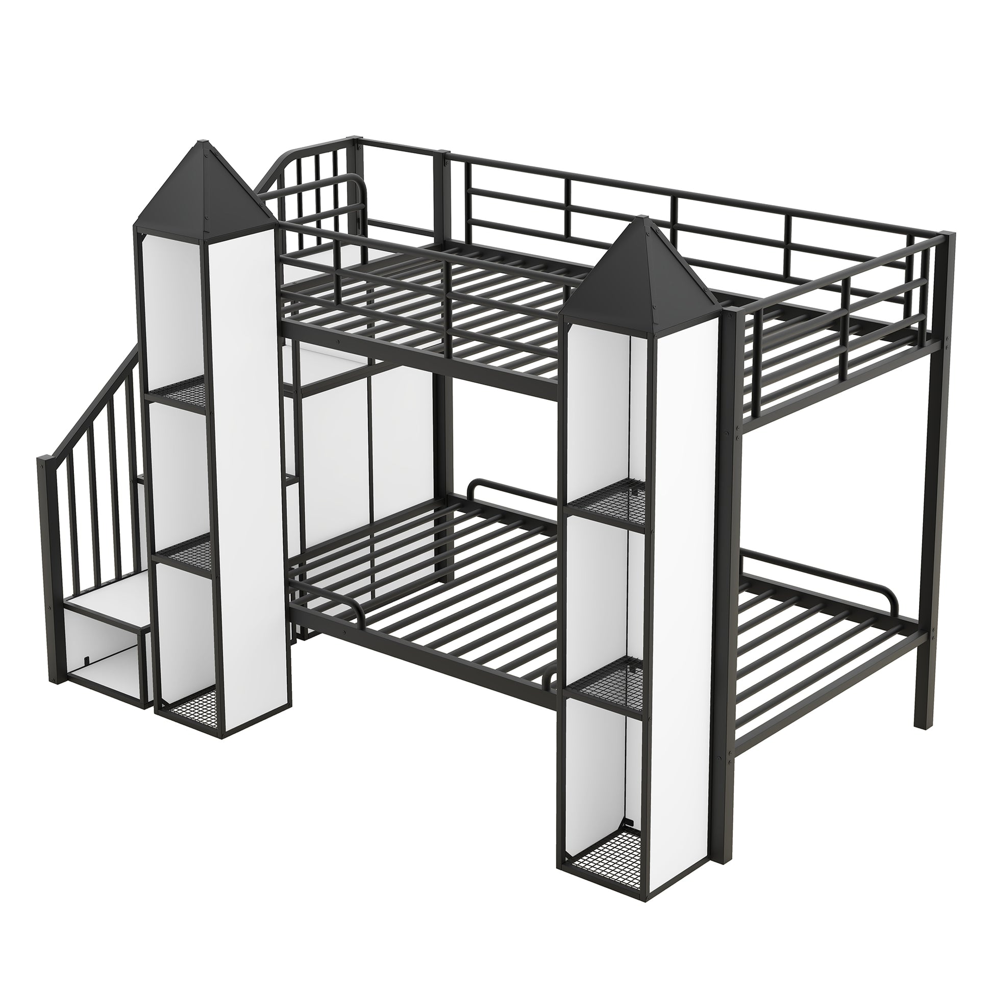 Metal Twin Over Twin Castle Shaped Bunk Bed With Wardrobe And Multiple Storage, Black White Box Spring Not Required Twin White Black Metal Bedroom Bunk Metal & Wood