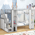Metal Twin Over Twin Castle Shaped Bunk Bed With Wardrobe And Multiple Storage, Gray White Box Spring Not Required Twin White Gray Metal Bedroom Bunk Metal & Wood
