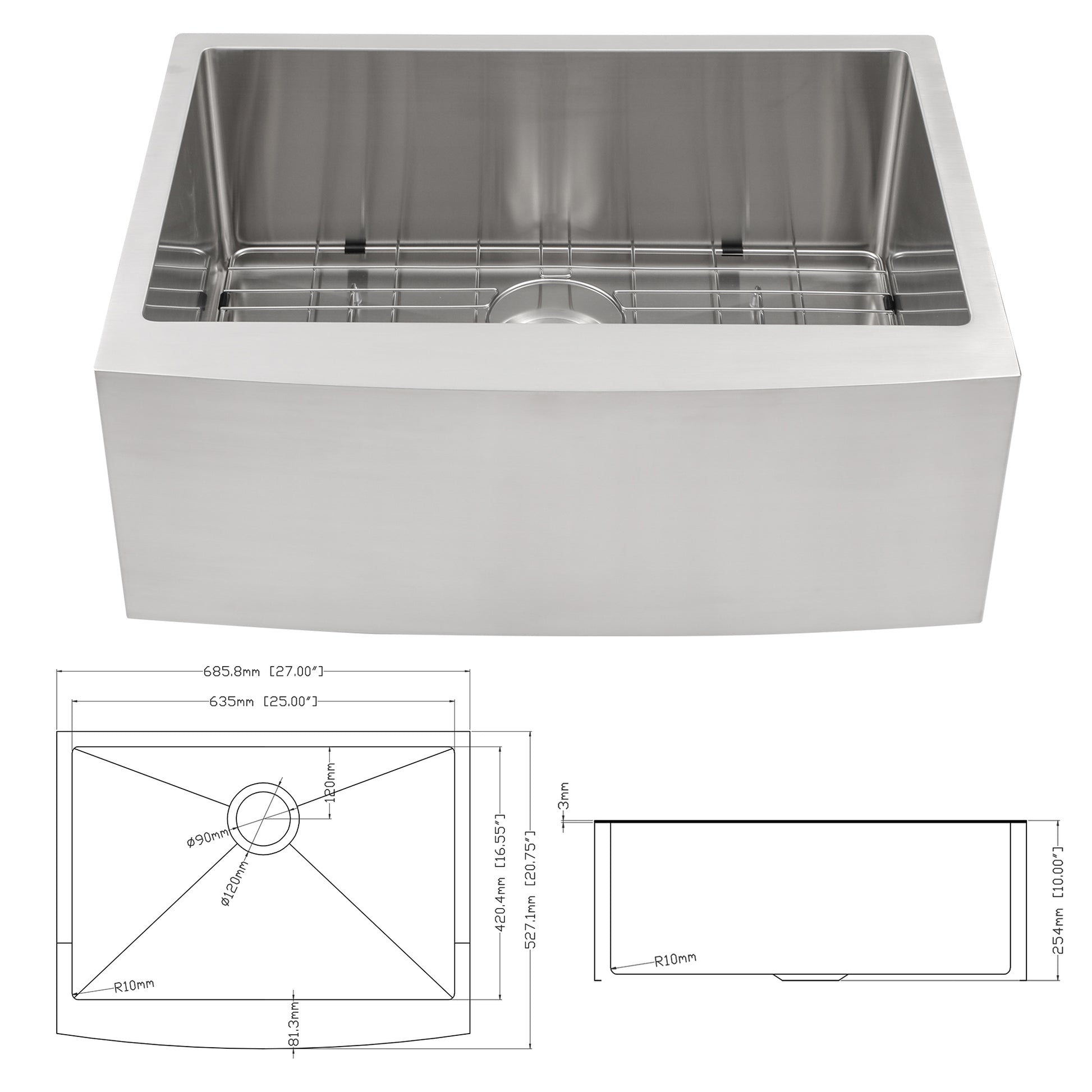 27 Inch Farmhouse Kitchen Sink 27"X21"X10" Stainless Steel Apron Front Farmhouse Sink 10 Inch Deep 16 Gauge Single Bowl Kitchen Sink Basin Brushed Nickel Stainless Steel