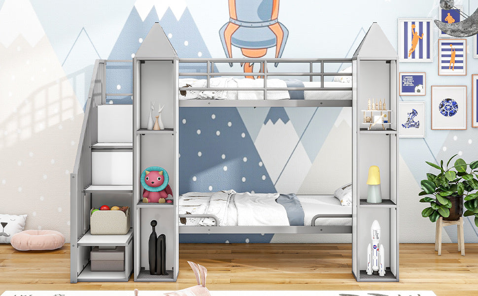 Metal Twin Over Twin Castle Shaped Bunk Bed With Wardrobe And Multiple Storage, Gray White Box Spring Not Required Twin White Gray Metal Bedroom Bunk Metal & Wood