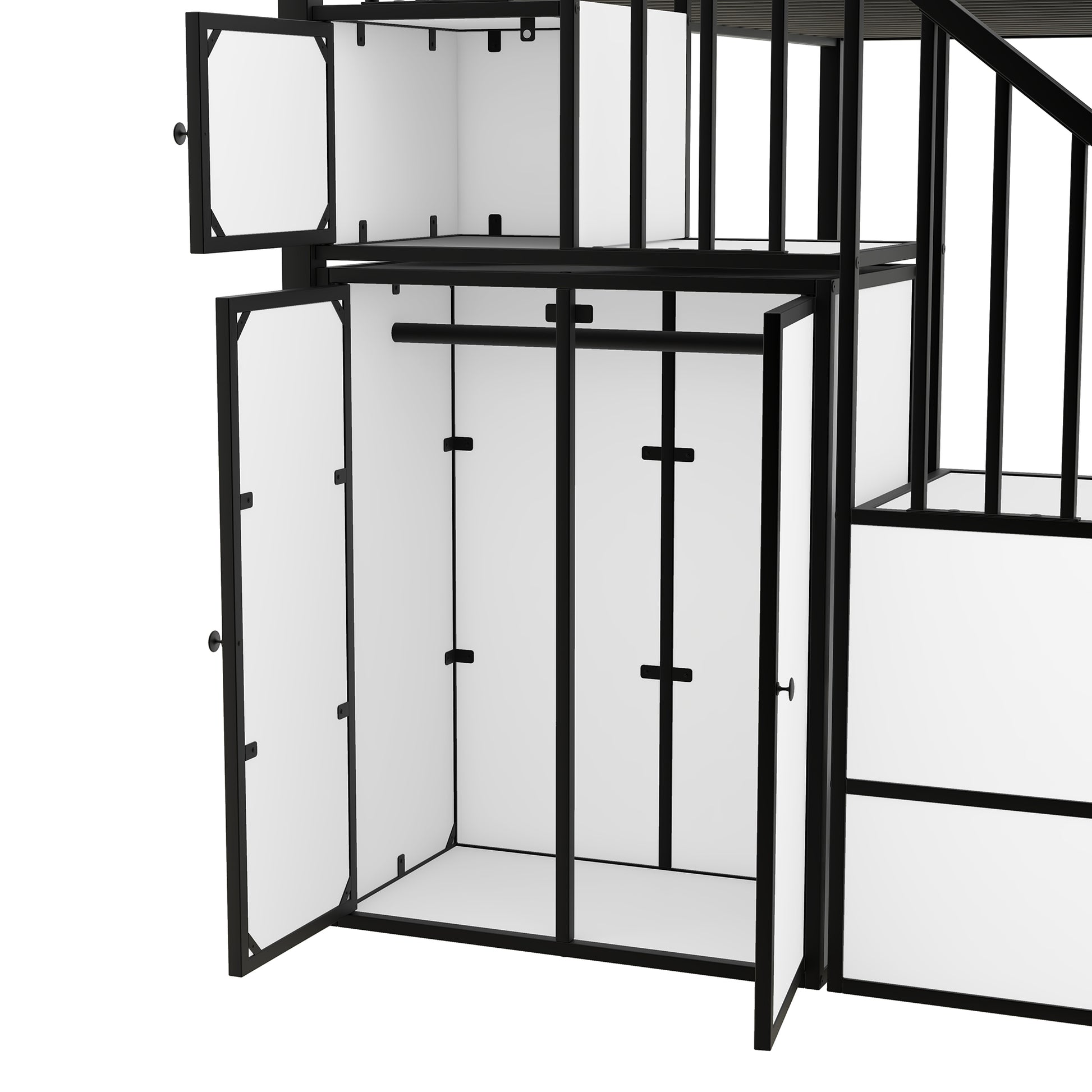 Metal Twin Over Twin Castle Shaped Bunk Bed With Wardrobe And Multiple Storage, Black White Box Spring Not Required Twin White Black Metal Bedroom Bunk Metal & Wood