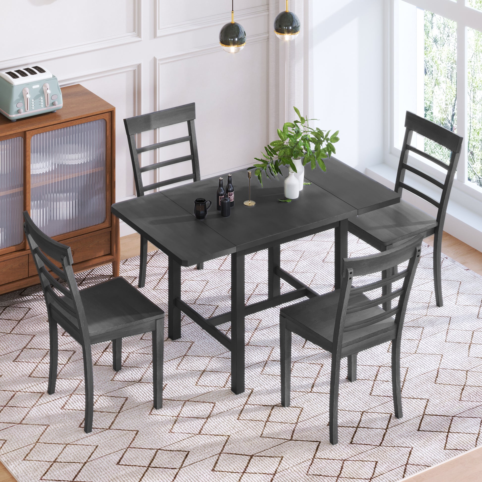 5 Piece Wood Square Drop Leaf Breakfast Nook Extendable Dining Table Set With 4 Ladder Back Chairs For Small Places, Gray Gray Wood Dining Room Folding Rubberwood Rectangular Dining Table With Chair Wood Gray Ladder Back Seats 4 Drop Leaf Modern 4 Leg