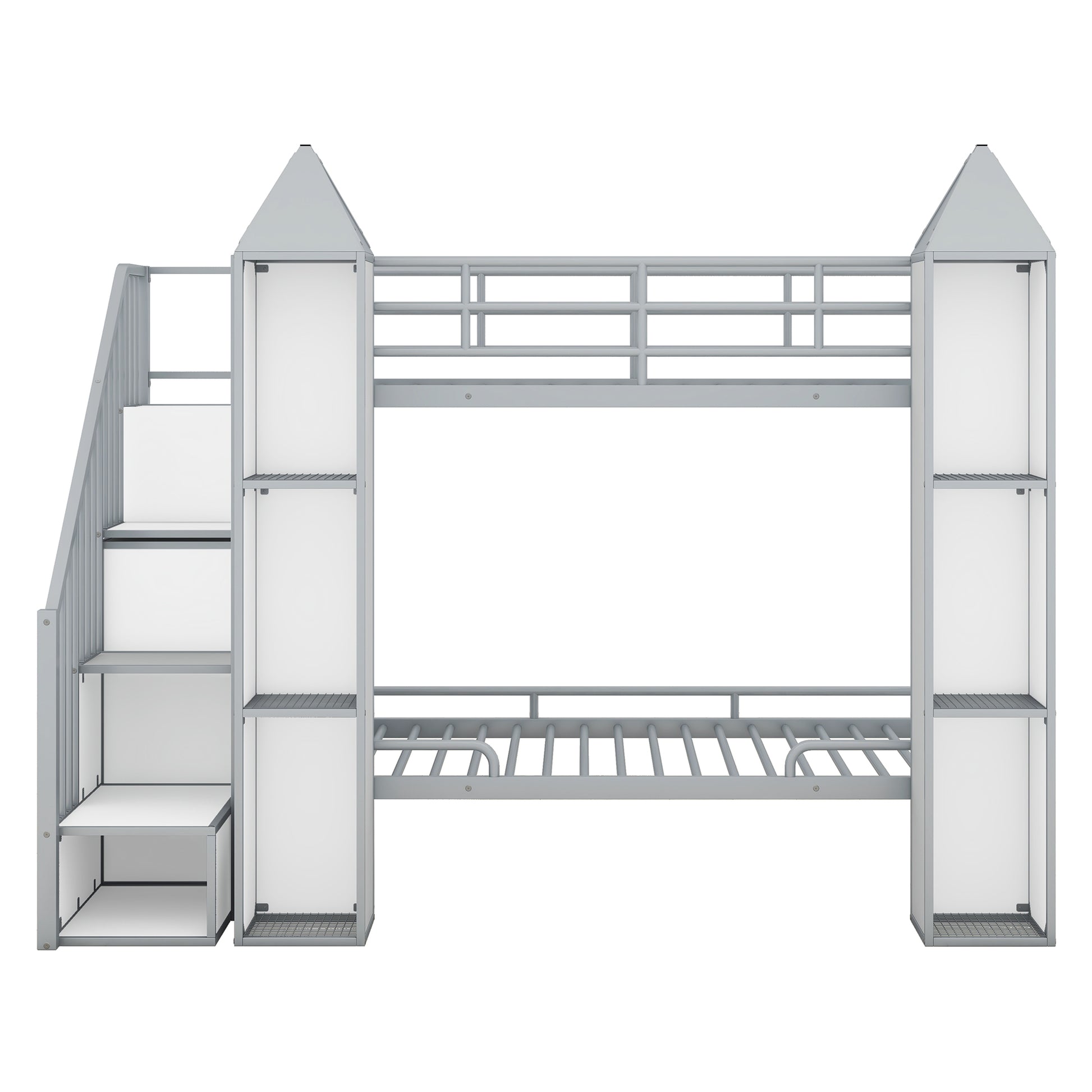 Metal Twin Over Twin Castle Shaped Bunk Bed With Wardrobe And Multiple Storage, Gray White Box Spring Not Required Twin White Gray Metal Bedroom Bunk Metal & Wood