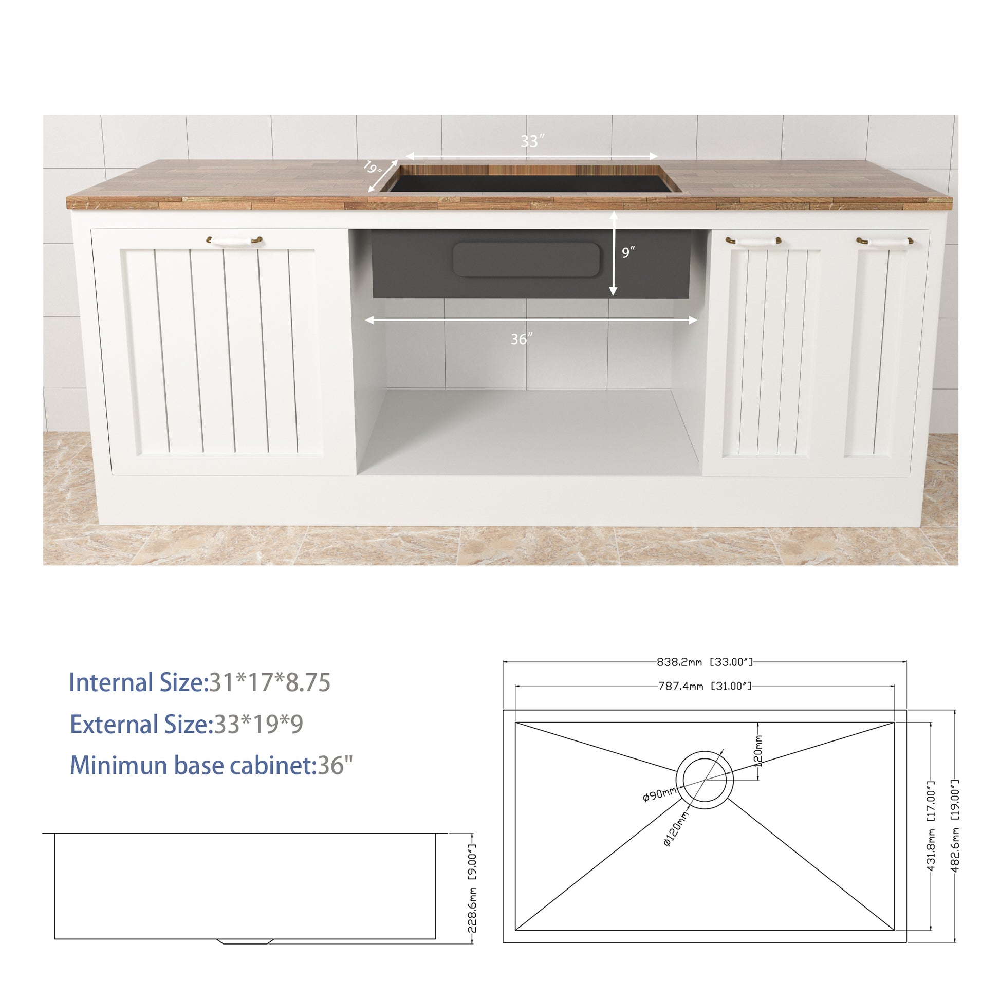 33 Inch Undermount Sink 33"X19"X9" Undermount Stainless Steel Kitchen Sink 18 Gauge 9 Inch Deep Single Bowl Kitchen Sink Basin Brushed Nickel Stainless Steel