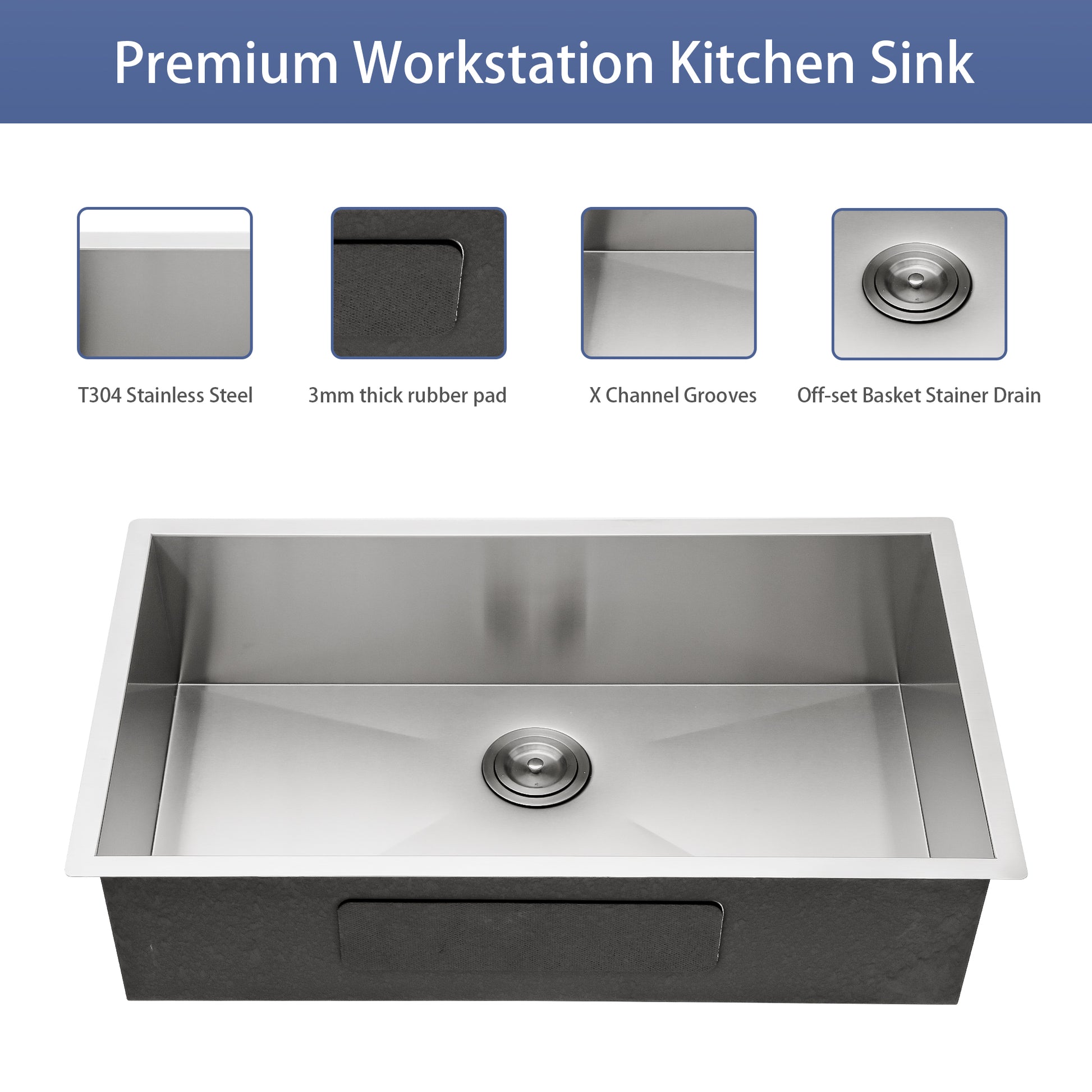 33 Inch Undermount Sink 33"X19"X9" Undermount Stainless Steel Kitchen Sink 18 Gauge 9 Inch Deep Single Bowl Kitchen Sink Basin Brushed Nickel Stainless Steel