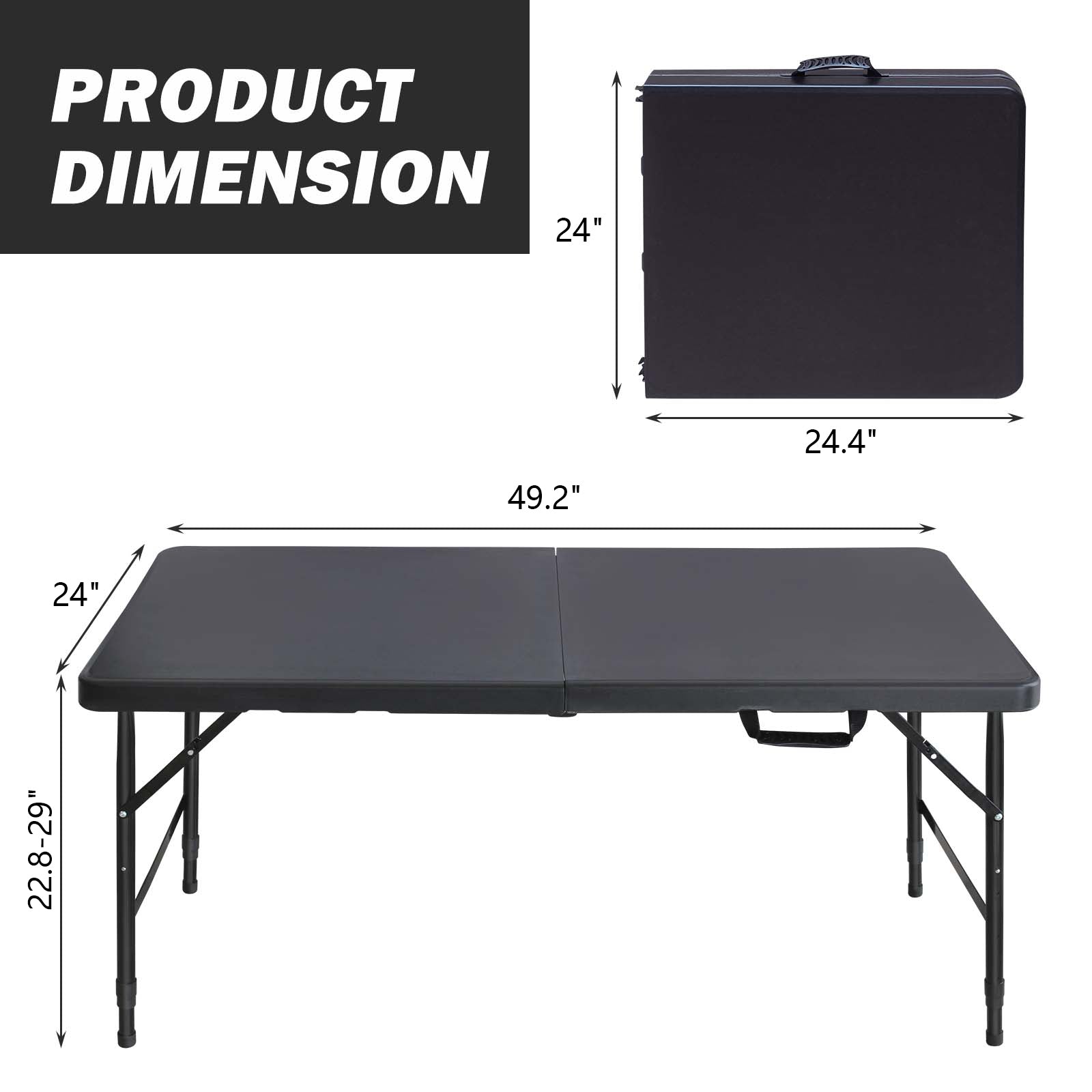 4Ft Portable Folding Table Indoor&Outdoor Maximum Weight 135Kg Foldable Table For Camping Black Black Iron Plastic