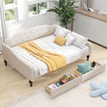 Full Size Upholstered Tufted Daybed With Two Drawers, Beige Box Spring Not Required Beige Wood Daybeds Linen Upholstered