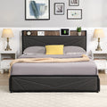 Full Bed Frame, Storage Headboard With Charging Station, Solid And Stable, Noise Free, No Box Spring Needed, Easy Assembly Antique Dark Grey Metal & Wood