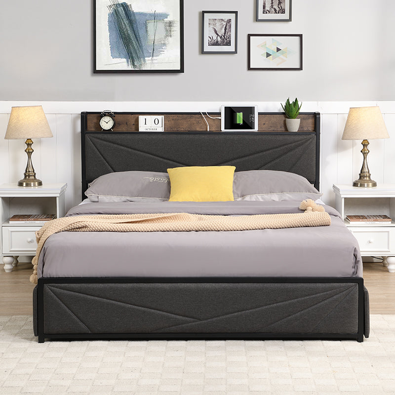 Full Bed Frame, Storage Headboard With Charging Station, Solid And Stable, Noise Free, No Box Spring Needed, Easy Assembly Antique Dark Grey Metal & Wood