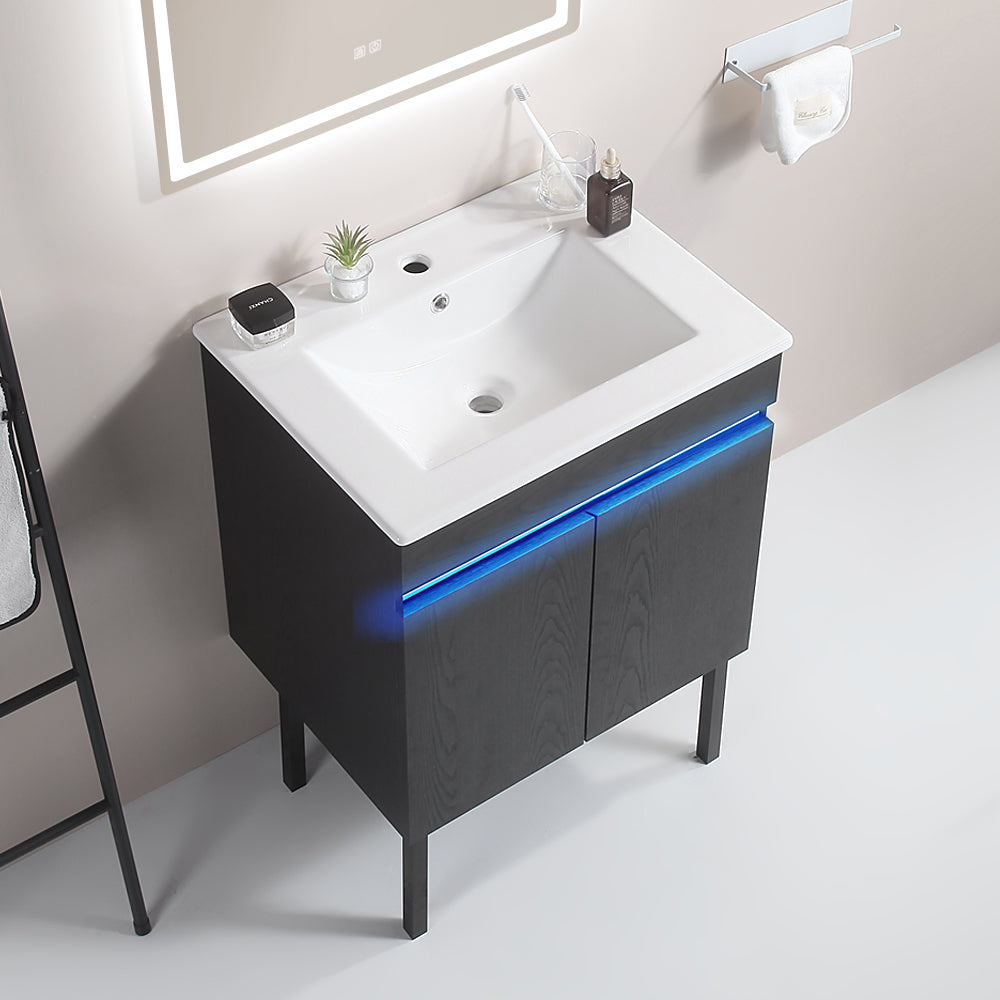 24" Bathroom Vanity with Sink, Radar Sensing Light black-solid wood