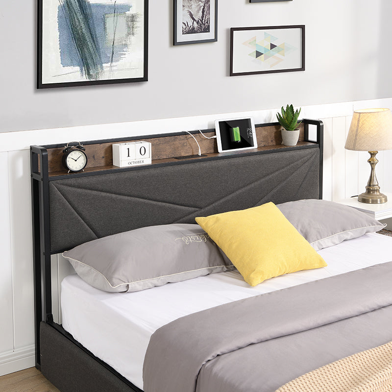 Full Bed Frame, Storage Headboard With Charging Station, Solid And Stable, Noise Free, No Box Spring Needed, Easy Assembly Antique Dark Grey Metal & Wood