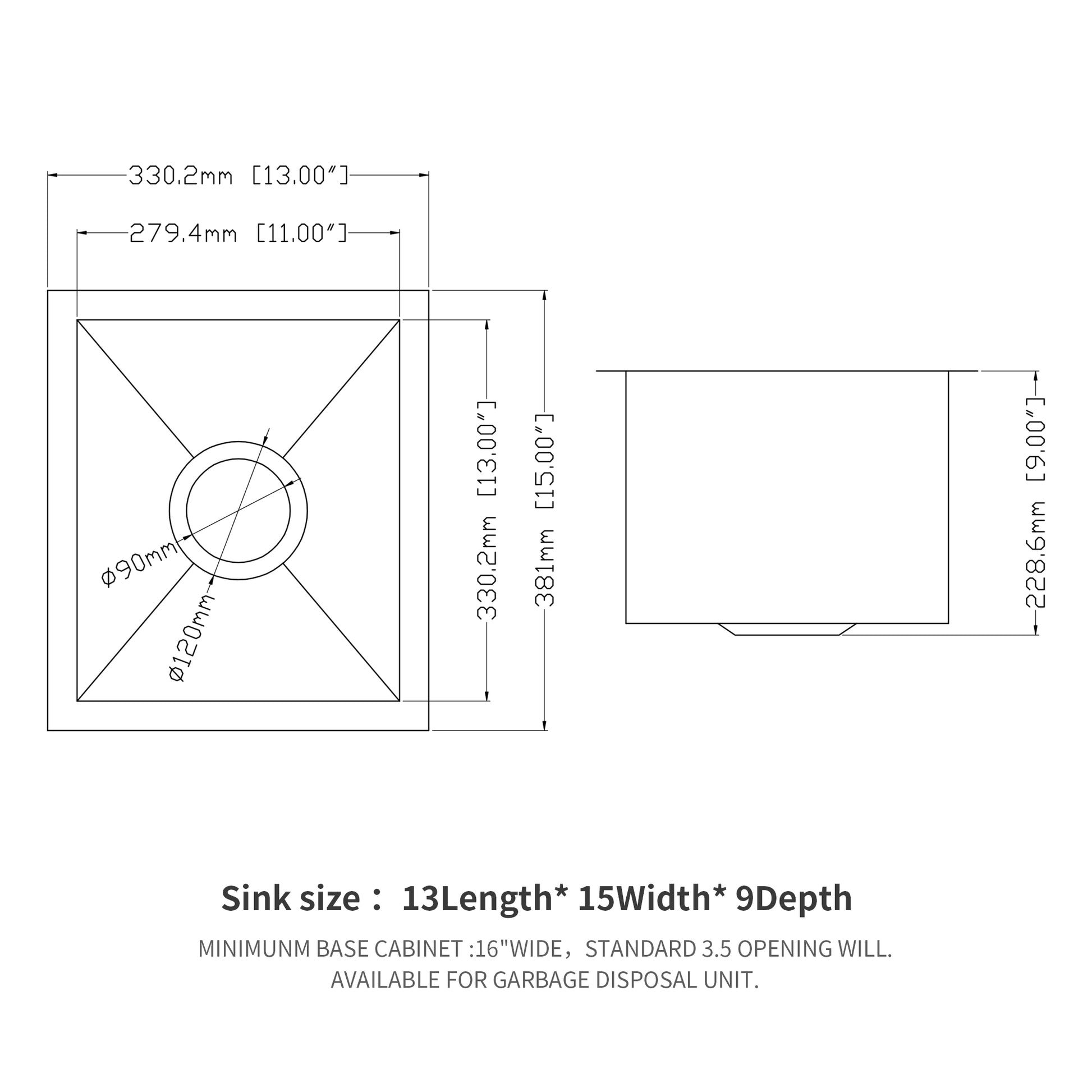 13 Inch Undermount Sink 13"X15"X9" Undermount Stainless Steel Kitchen Sink 18 Gauge 9 Inch Deep Single Bowl Kitchen Sink Basin Brushed Nickel Stainless Steel