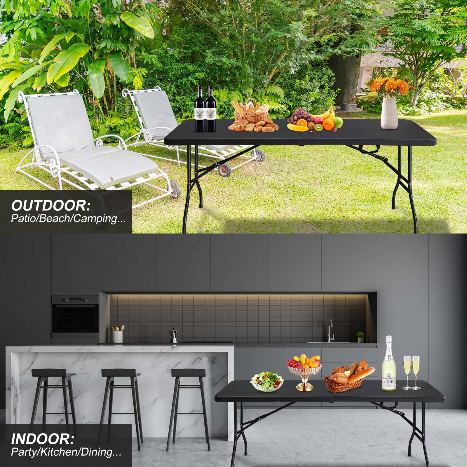 6Ft Folding Table, Portable Plastic Table For Camping, Picnics, Parties, High Load Bearing Foldable Table Black Black Iron Plastic