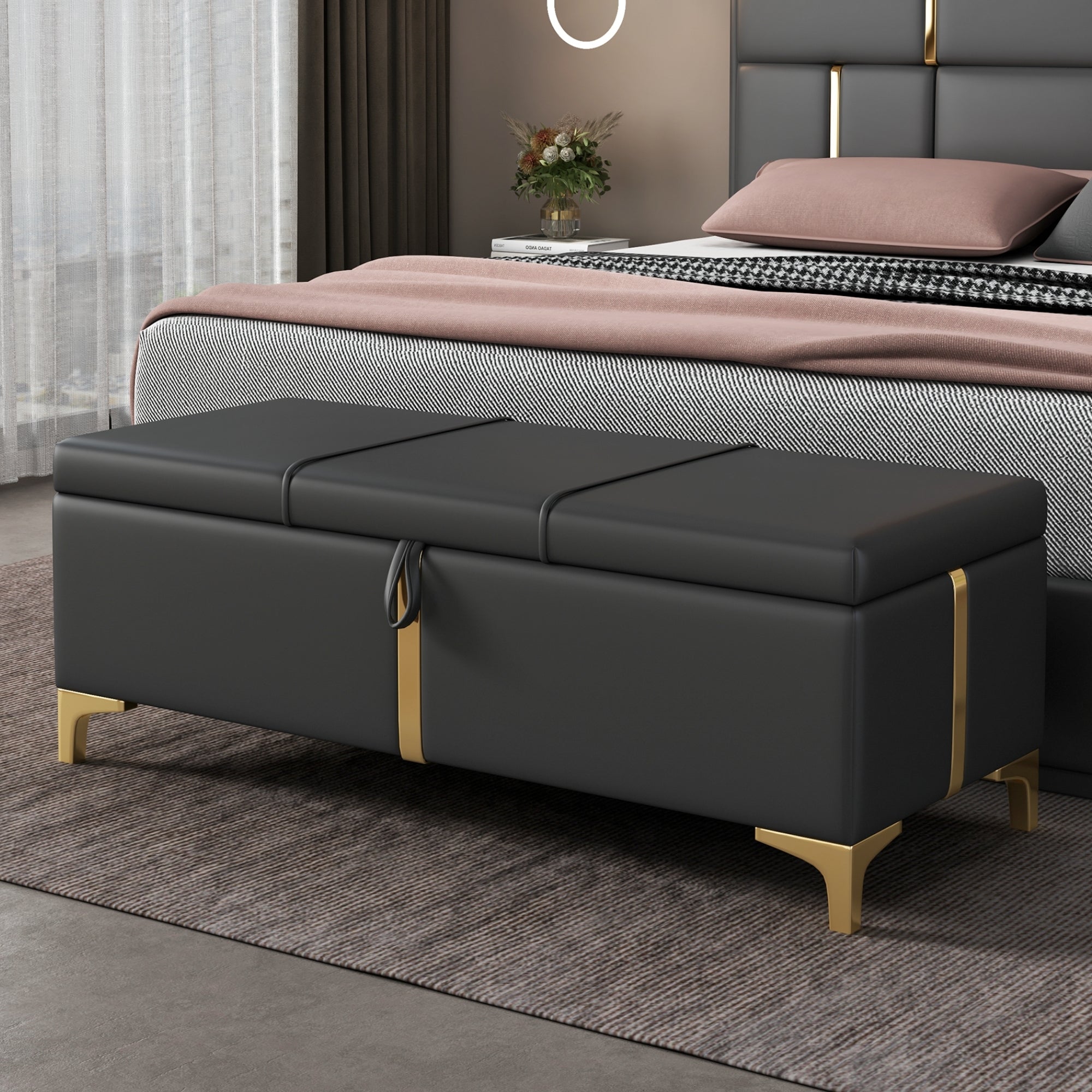 Elegant Upholstered Storage Ottoman,Storage Bench With Metal Legs For Bedroom,Living Room,Fully Assembled Except Legs,Black Black Pu