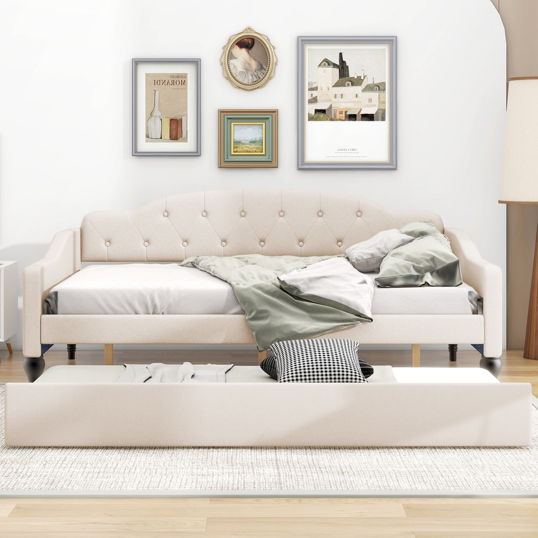 Full Size Upholstered Tufted Daybed With Twin Size Trundle, Beige Box Spring Not Required Full Beige Wood Daybeds Linen Upholstered