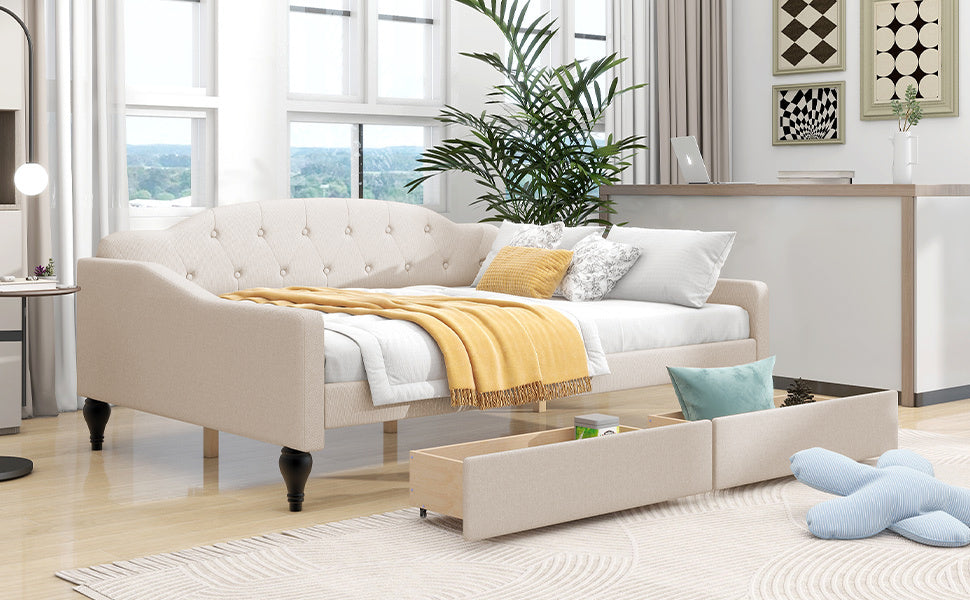 Full Size Upholstered Tufted Daybed With Two Drawers, Beige Box Spring Not Required Beige Wood Daybeds Linen Upholstered