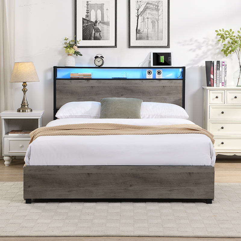 Queen Bed Frame, Storage Headboard With Charging Station, Solid And Stable, Noise Free, No Box Spring Needed, Easy Assembly Queen Antique Gray Metal Bedroom Bed Frame Metal & Wood