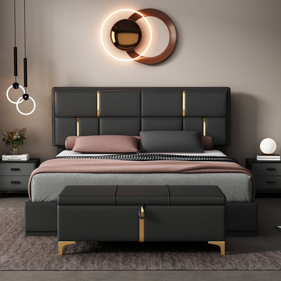 2 Pieces Bedroom Sets,Queen Size Upholstered Platform Bed With Hydraulic Storage System,Storage Ottoman With Metal Legs,Black Black Pu