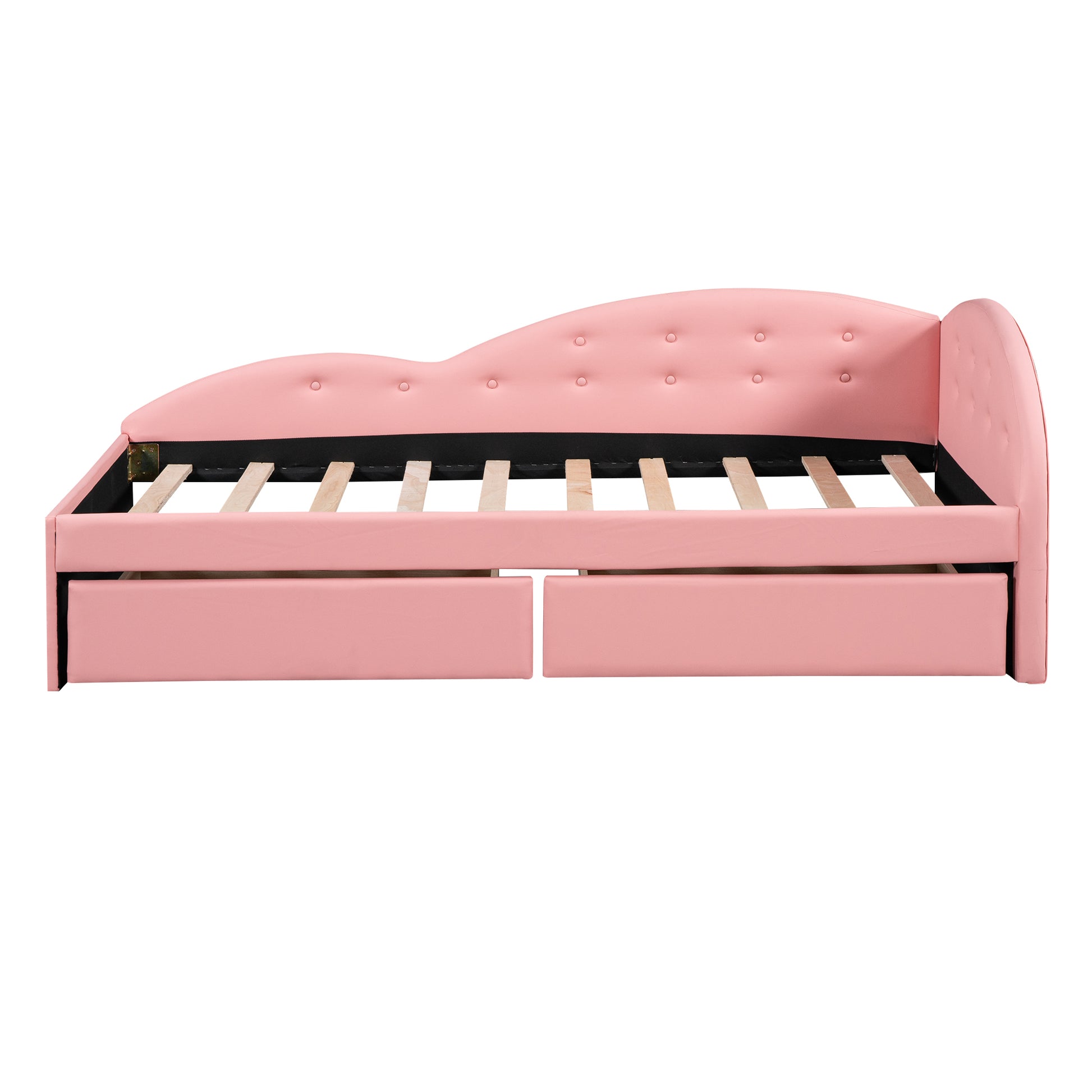 Twin Size Pu Upholstered Tufted Daybed With Two Drawers And Cloud Shaped Guardrail, Pink Box Spring Not Required Twin Pink Wood Daybeds Faux Leather Upholstered