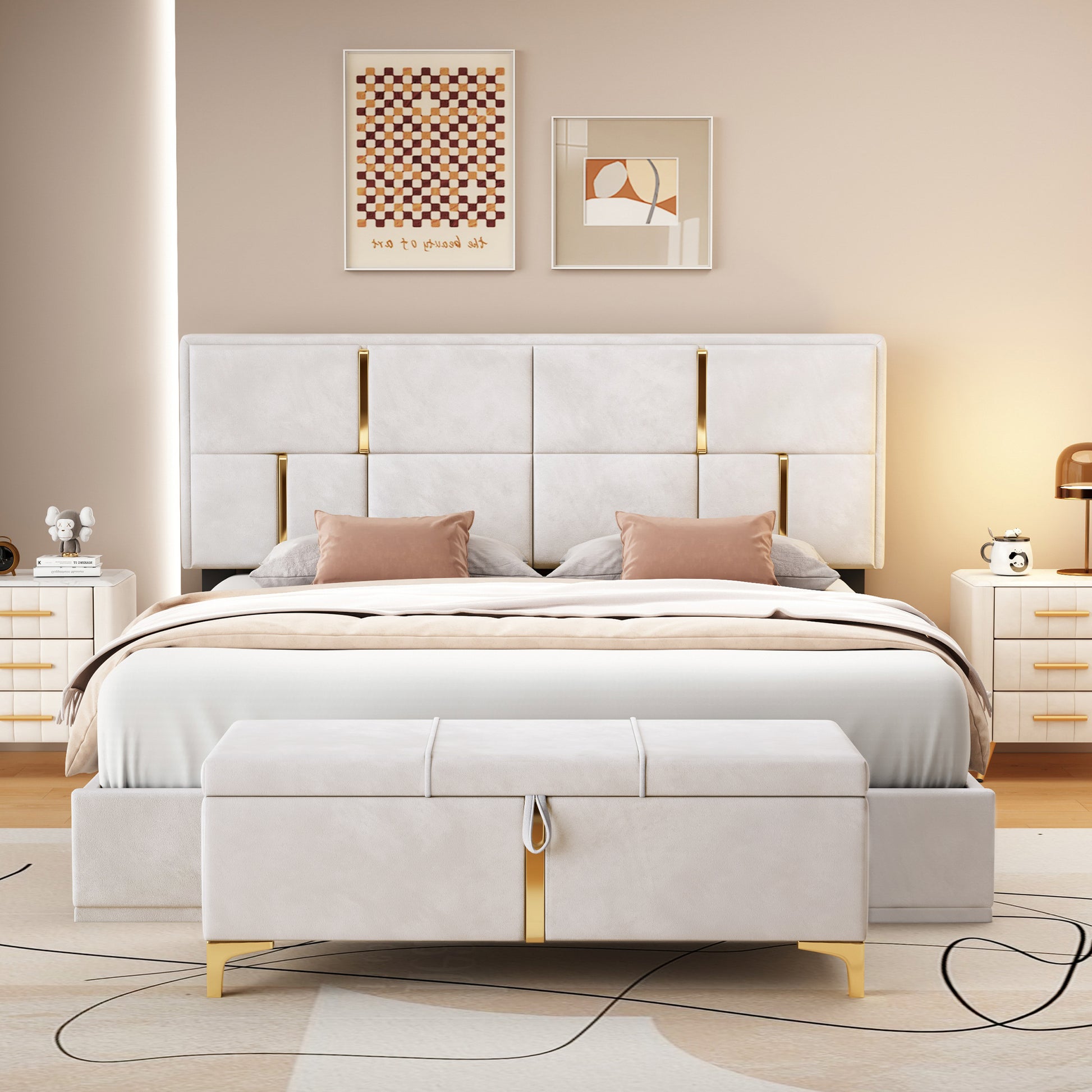 2 Pieces Bedroom Sets,Queen Size Upholstered Platform Bed With Hydraulic Storage System,Storage Ottoman With Metal Legs,Beige Beige Velvet