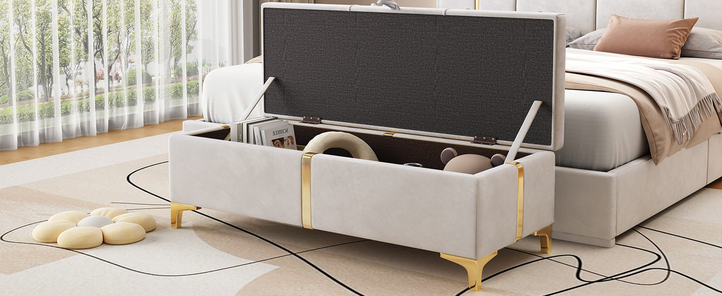 Elegant Upholstered Storage Ottoman,Storage Bench With Metal Legs For Bedroom,Living Room,Fully Assembled Except Legs,Beige Beige Velvet