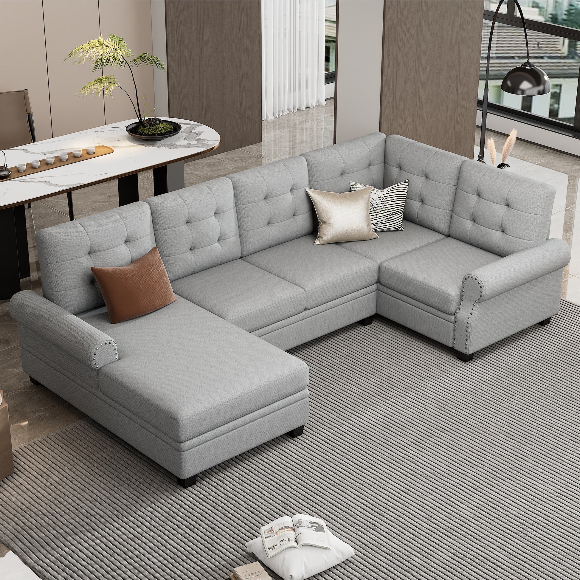 120" Modern U Shaped Corner Sectional Sofa Upholstered Linen Fabric Sofa Couch For Living Room, Bedroom, Gray Gray Foam Linen