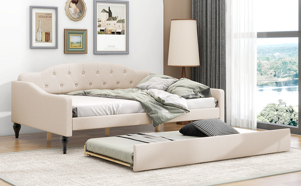 Full Size Upholstered Tufted Daybed With Twin Size Trundle, Beige Box Spring Not Required Full Beige Wood Daybeds Linen Upholstered