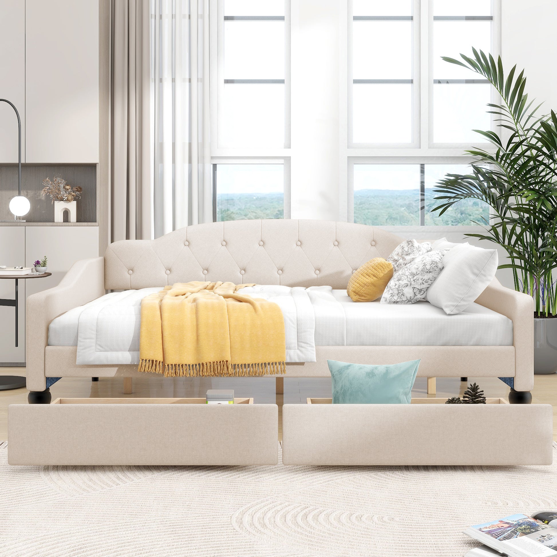 Full Size Upholstered Tufted Daybed With Two Drawers, Beige Box Spring Not Required Beige Wood Daybeds Linen Upholstered