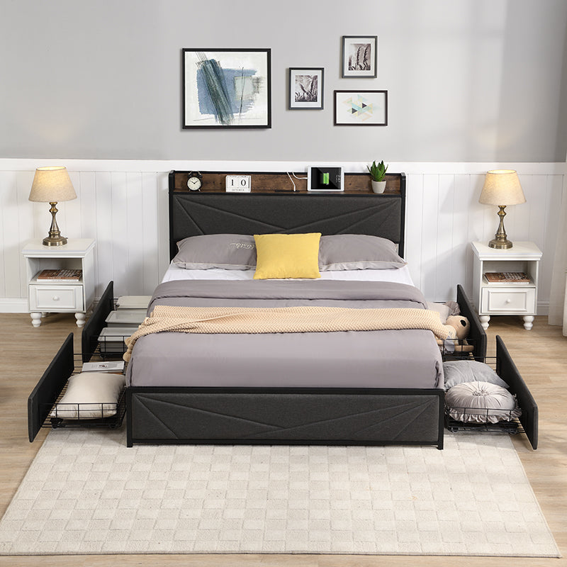 Full Bed Frame, Storage Headboard With Charging Station, Solid And Stable, Noise Free, No Box Spring Needed, Easy Assembly Antique Dark Grey Metal & Wood